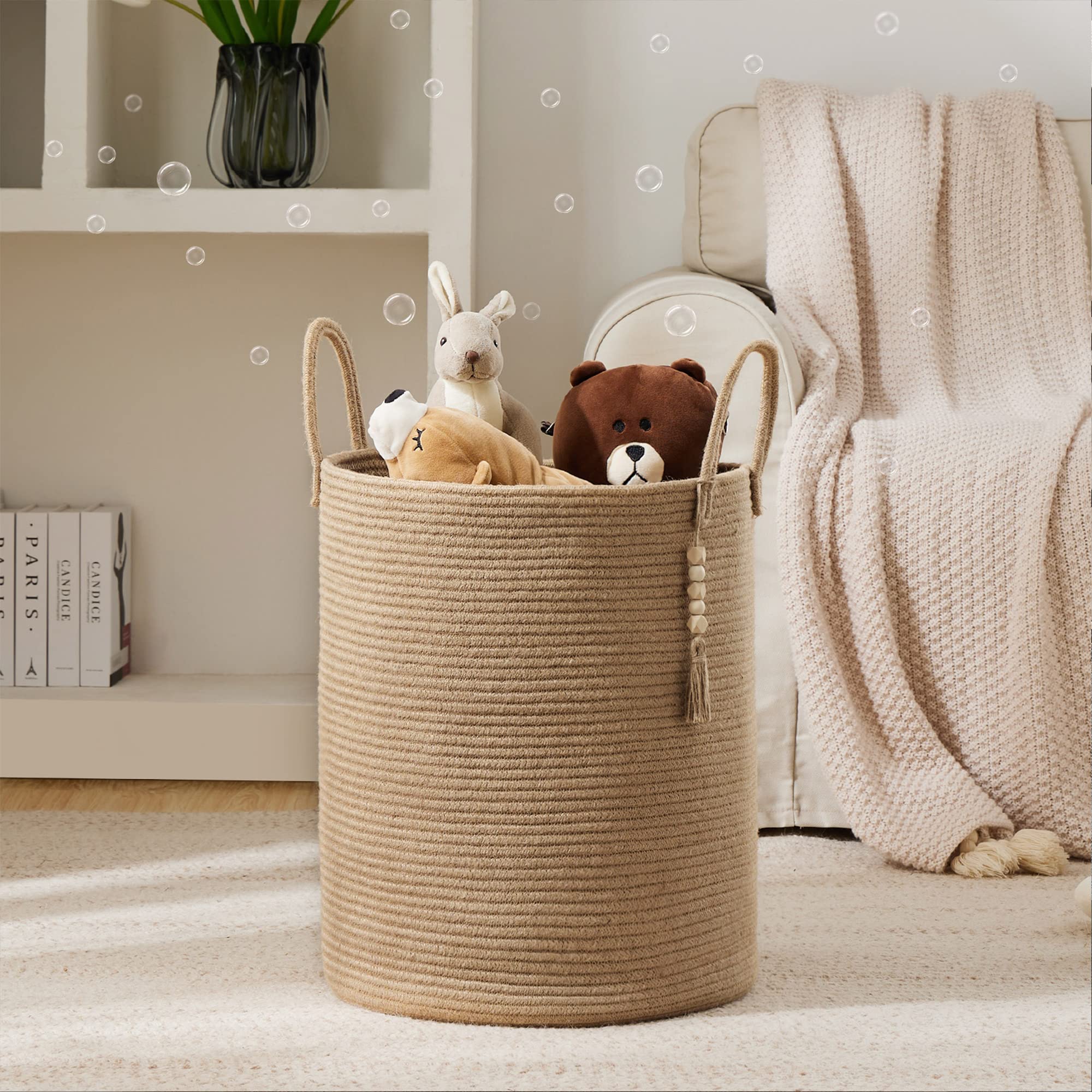 Youdenova Jute Rope Laundry Hamper Basket, 58L Tall Woven Collapsible Baskets For Blanket Organizing Clothes Hamper For Laundry