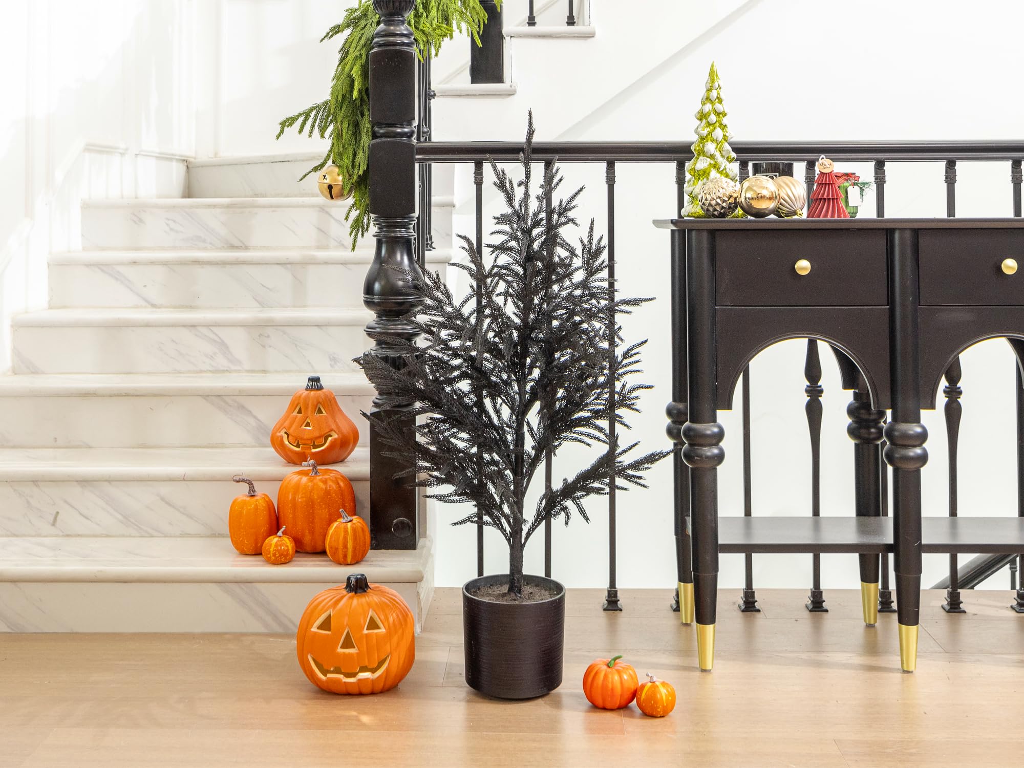 36 Black Christmas Tree with Pot Norfolk Pine Tree Artificial Small Christmas Tree for Front Porch Outdoor Indoor Christmas Deco