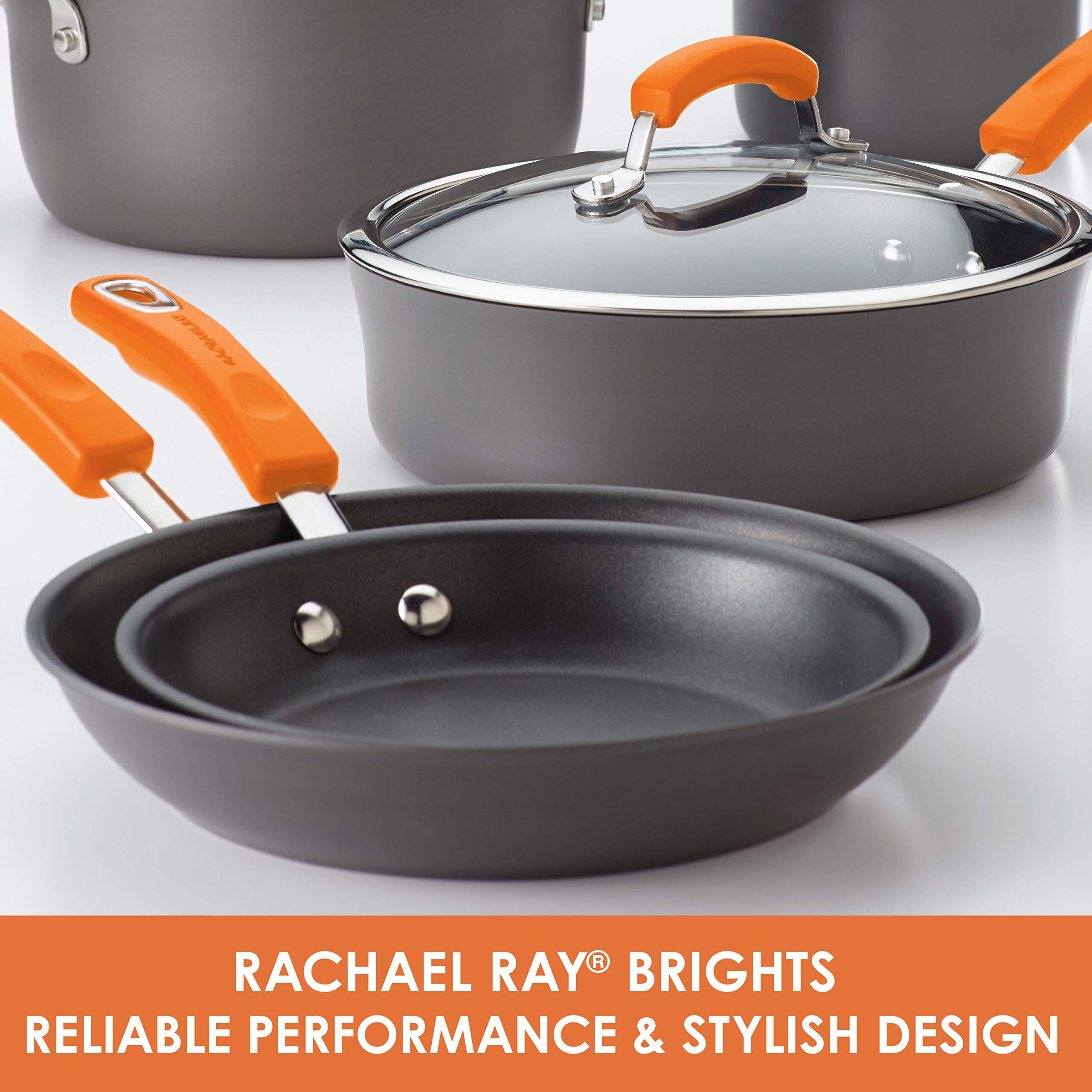 Rachael Ray Brights Hard-Anodized Nonstick Cookware Set with Glass Lids, 14-Piece Pot and Pan Set, Gray with Orange Handles