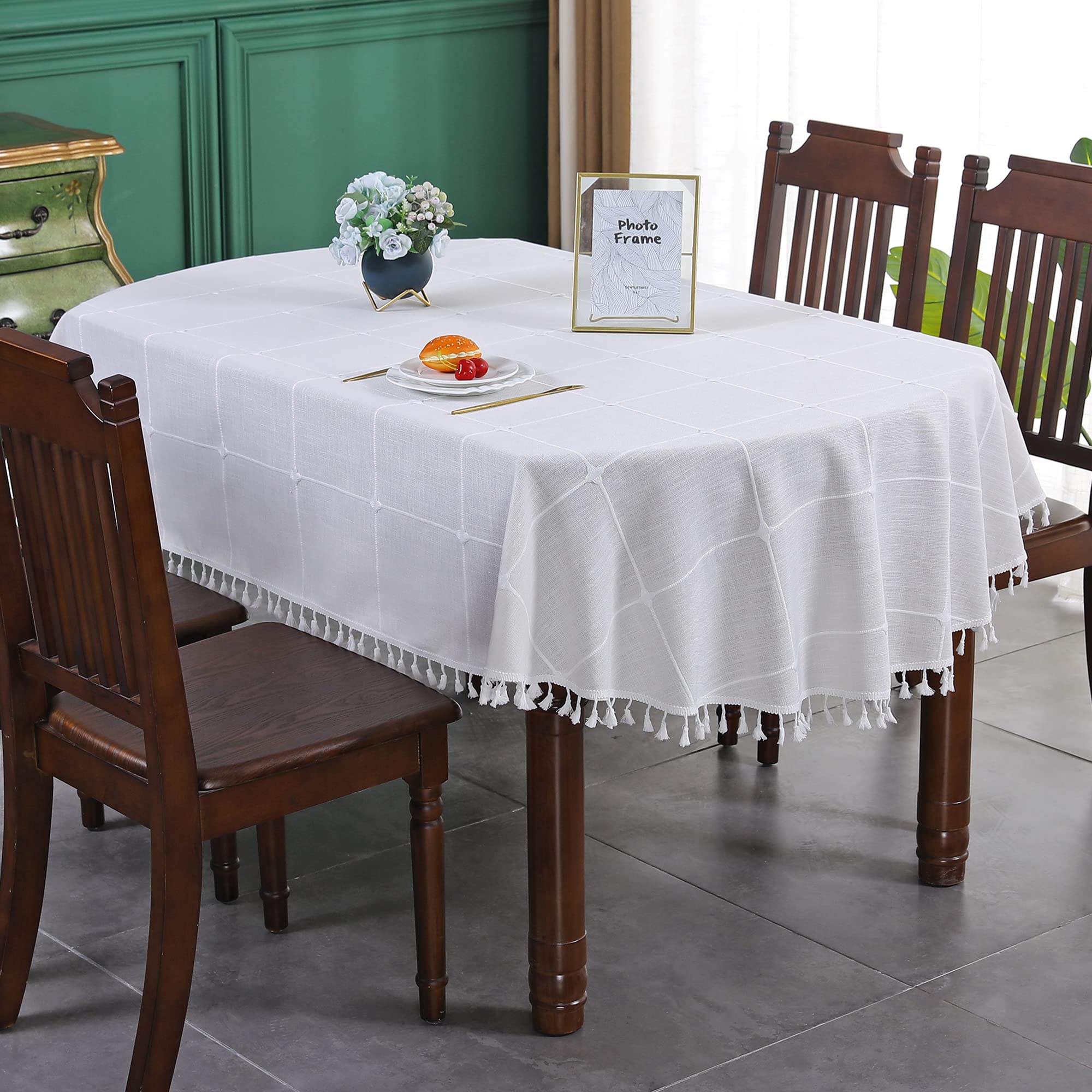 Farmhouse Checkered Embroidery Lattice Oval Tablecloth with Tassel Heavy Duty Rustic Fabric Table Cover Wrinkle Resistant Washable Kitchen Dining Party Wedding Decoration 60 x 102 Inch
