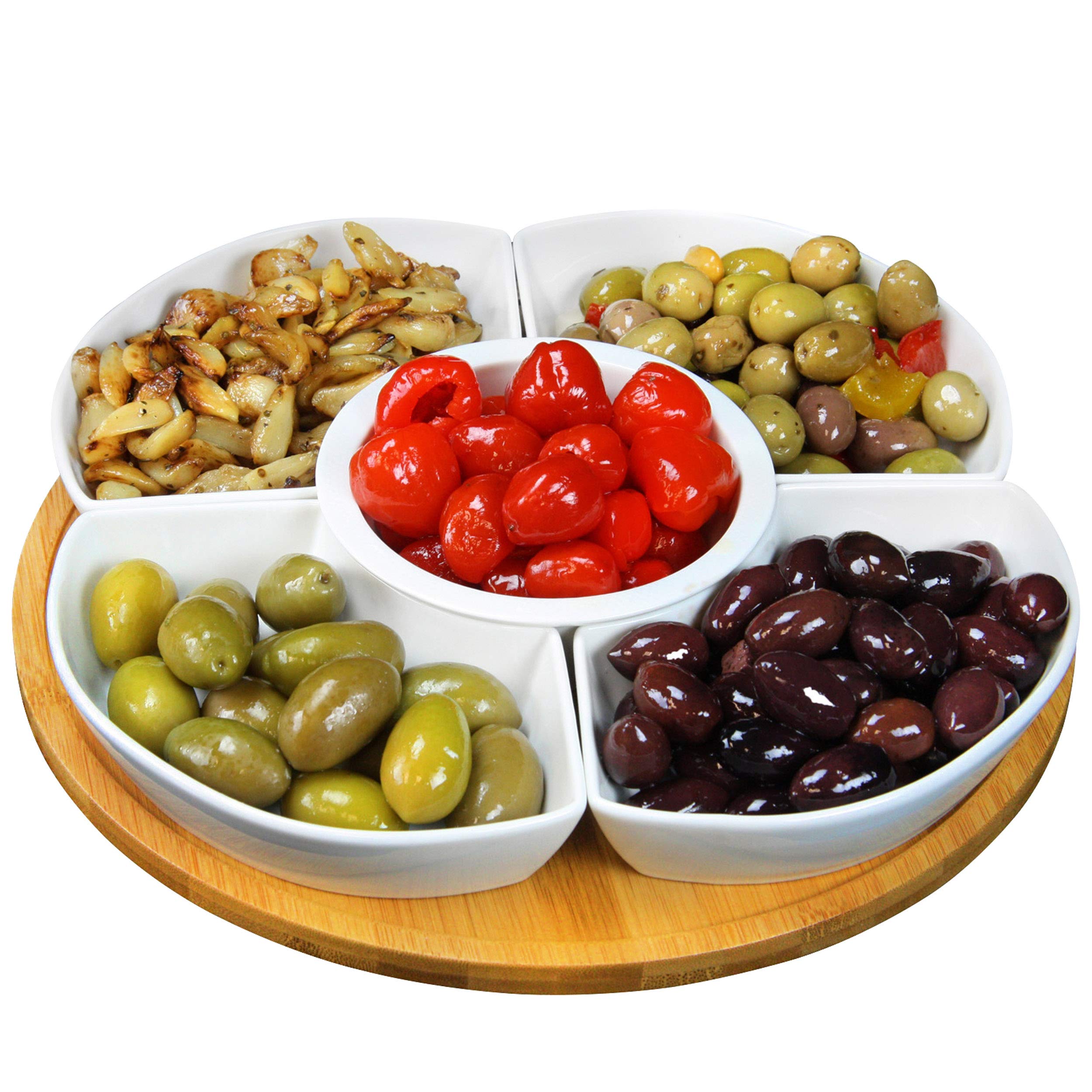 Elama Ceramic Stoneware Condiment Appetizer Set, 6 Piece, Compartment Round In White And Natural Bamboo