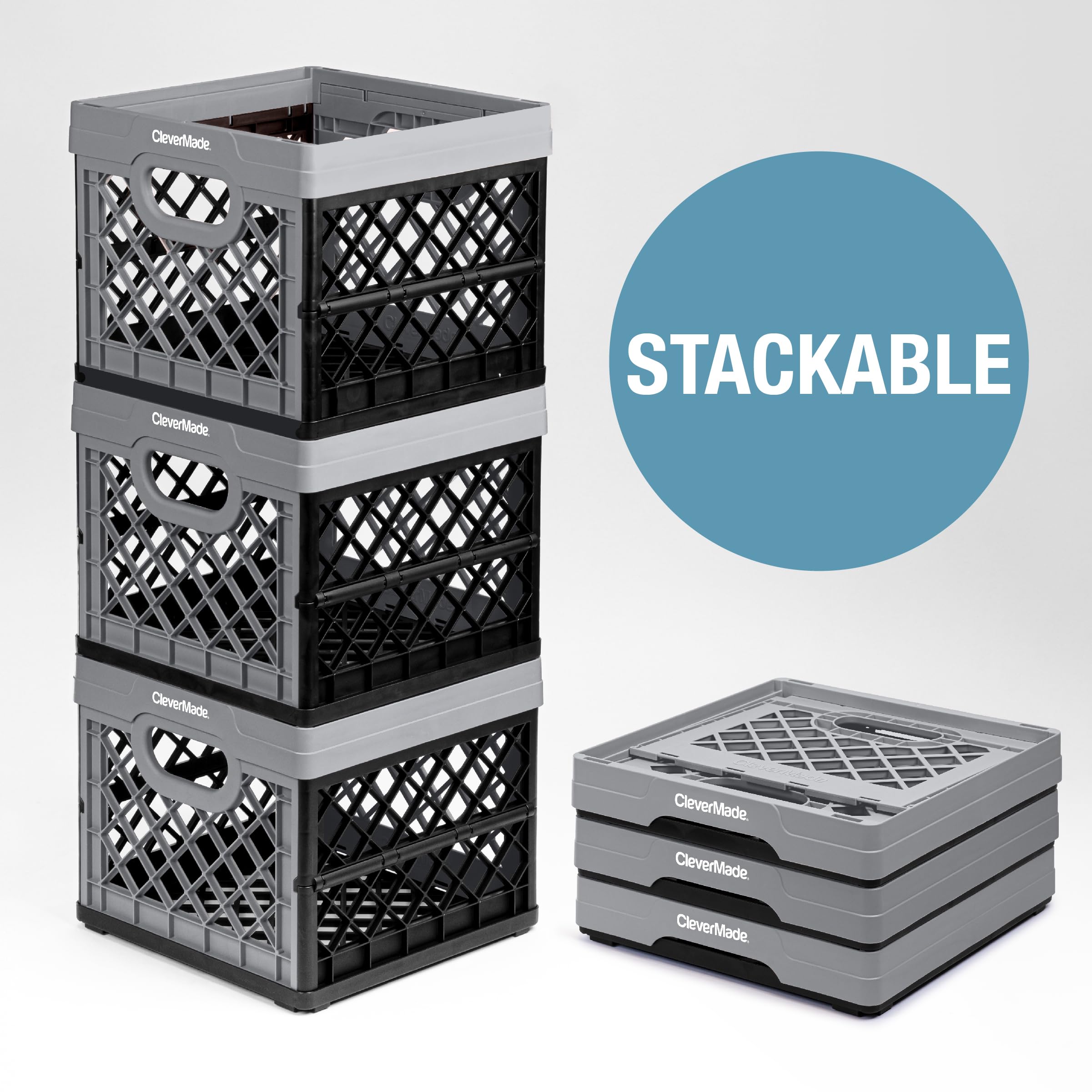 Clevermade Collapsible Milk Crate, Stone, 3Pk - 25L (6 Gal) Stackable Storage Bins, Holds 50Lbs Per Bin - Clevercrates Are Heavy