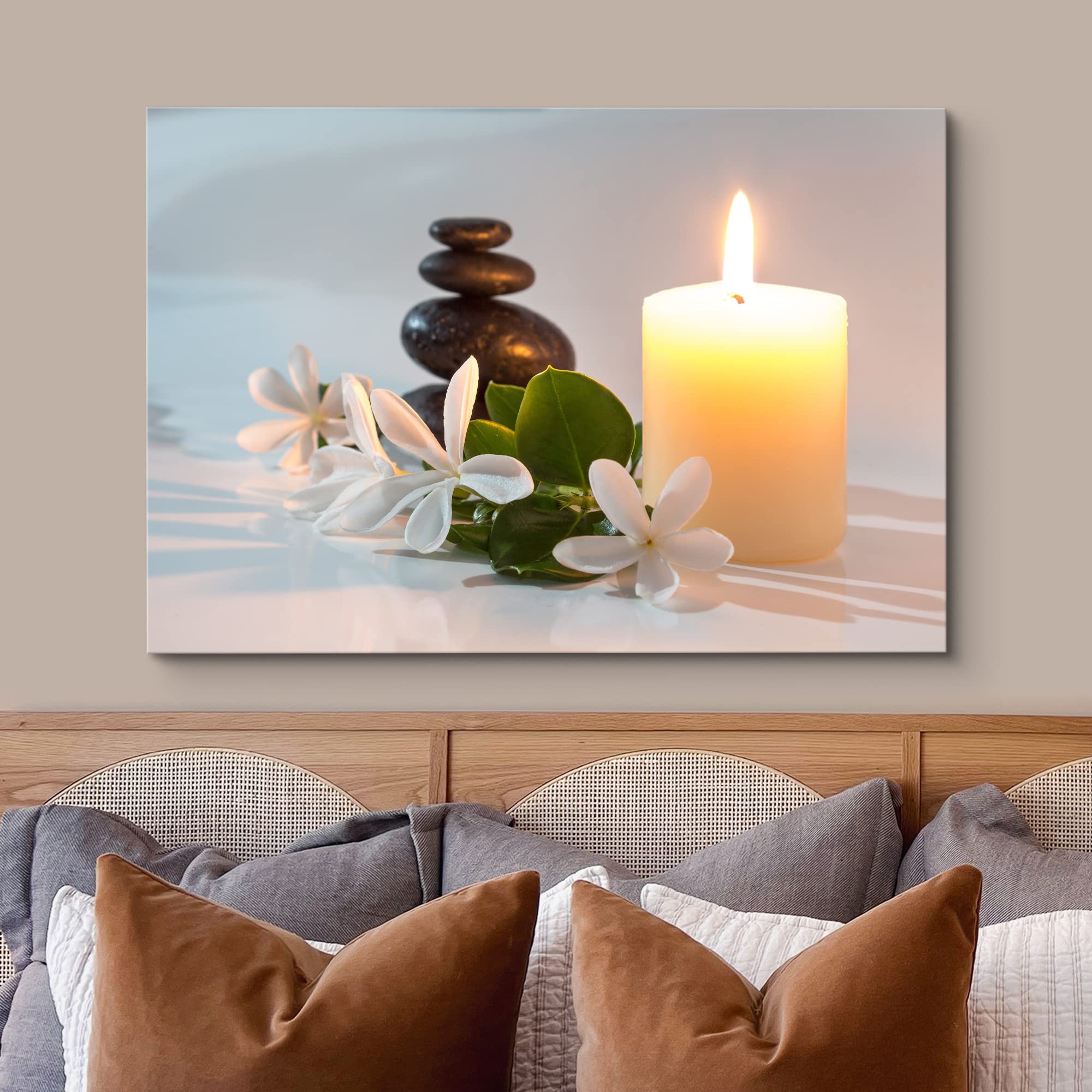 Wall26 Framed Canvas Print Wall Art Tiare Flowers With Candle And Zen Stone Nature Wilderness Photography Realism Chic Scenic Co