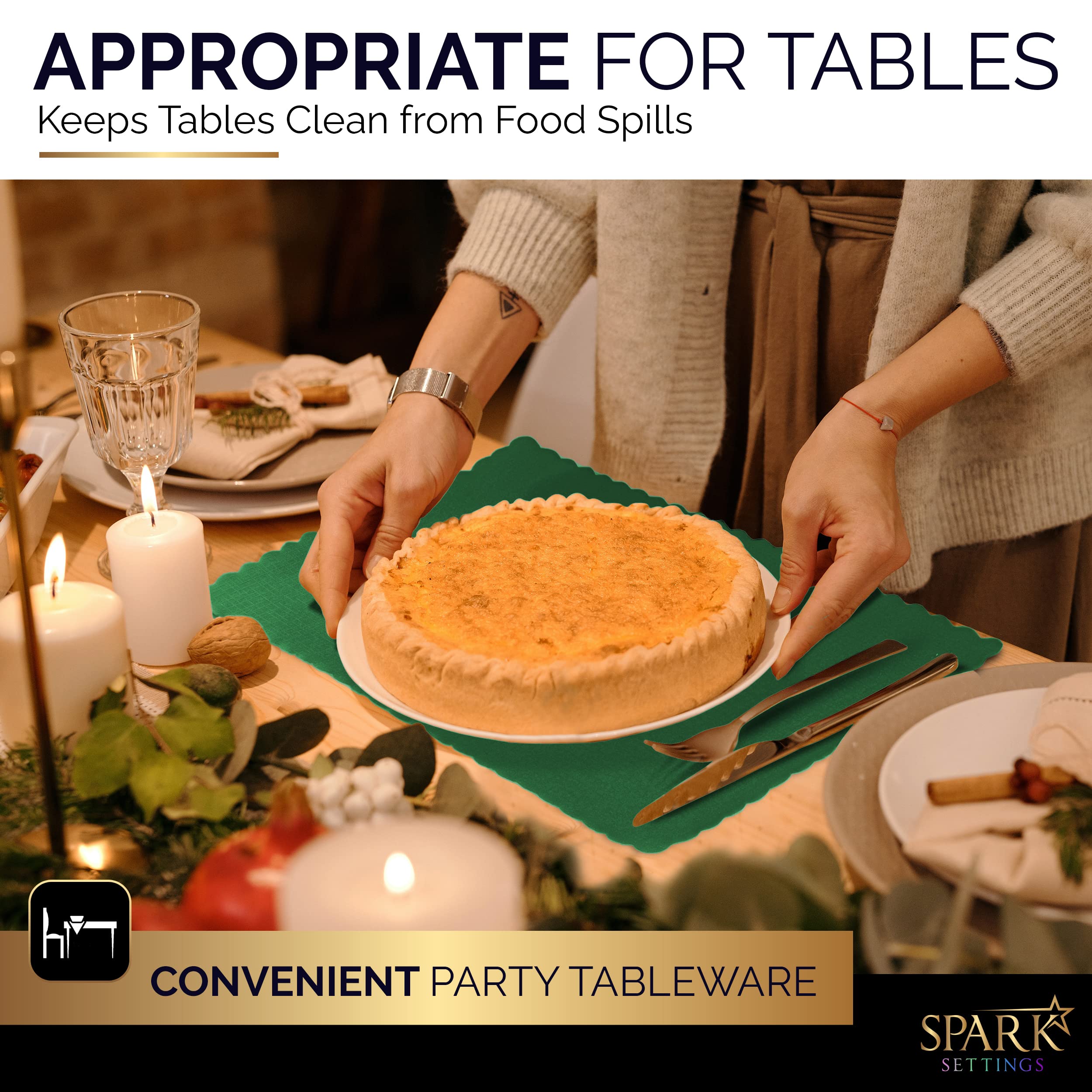 Paper Placemat Disposable  Green Place Mats with Scalloped Edges  Durable Paper Placemat for Holiday Wedding Party Supplies Decor  9.75 X 14 Inches  Pack of 50 - by SparkSettings