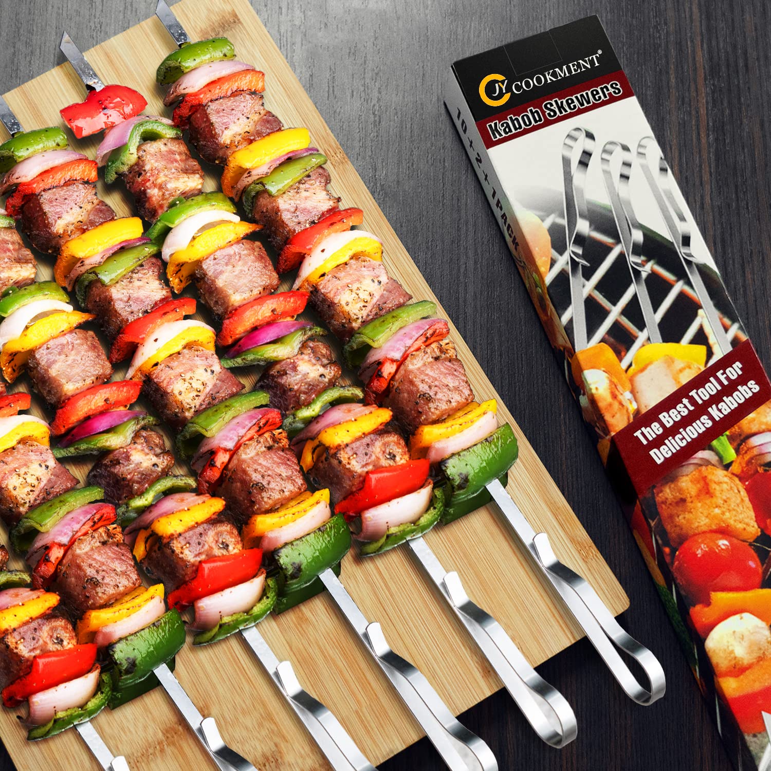 Kabob Skewers 17'' Stainless Steel Long BBQ Barbecue Skewers  Flat Metal Kebob Sticks Wide Reusable Grilling Skewers for Meat Chicken Set of 12 Including 2 Bonus Silicone Brush with Storage Bag