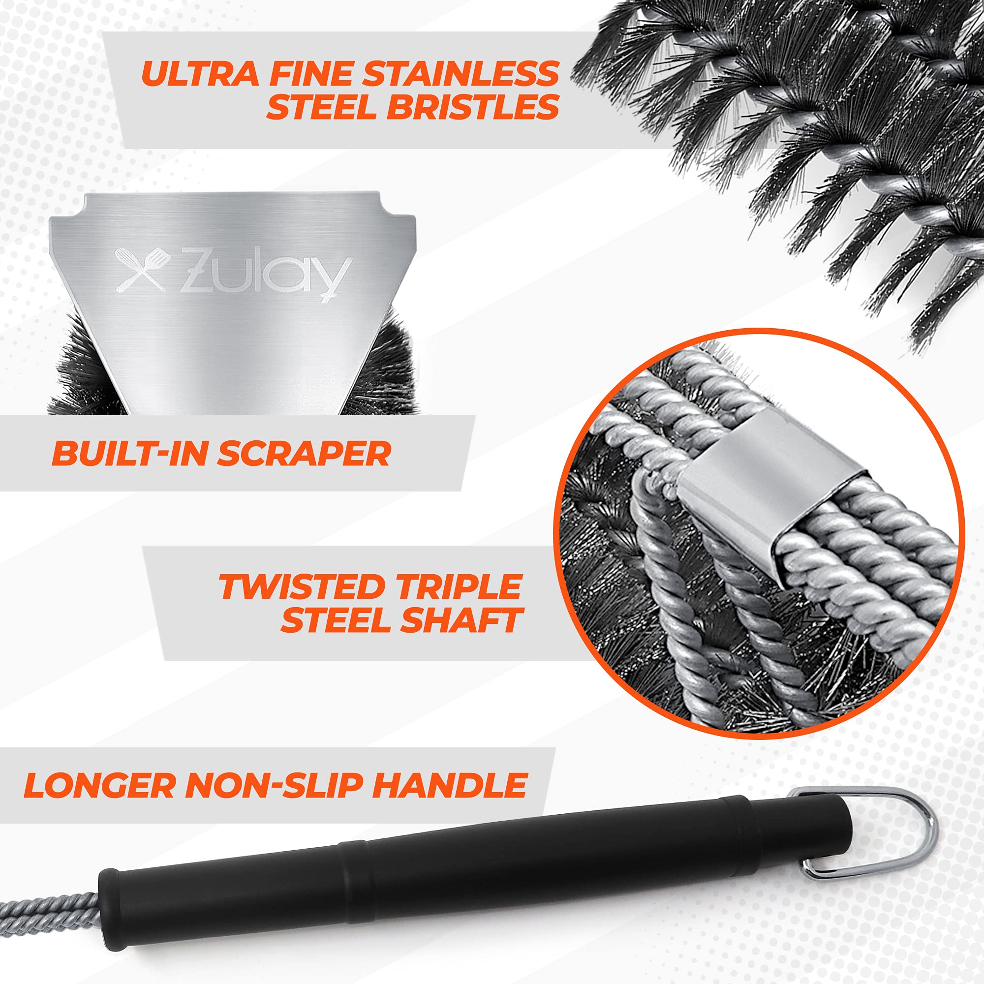 18'' Heat Boss Grill Brush And Scraper - 3 Rows Of Reinforced Stainless Steel Bristles - Best Heavy Duty Outdoor Grill Brush For