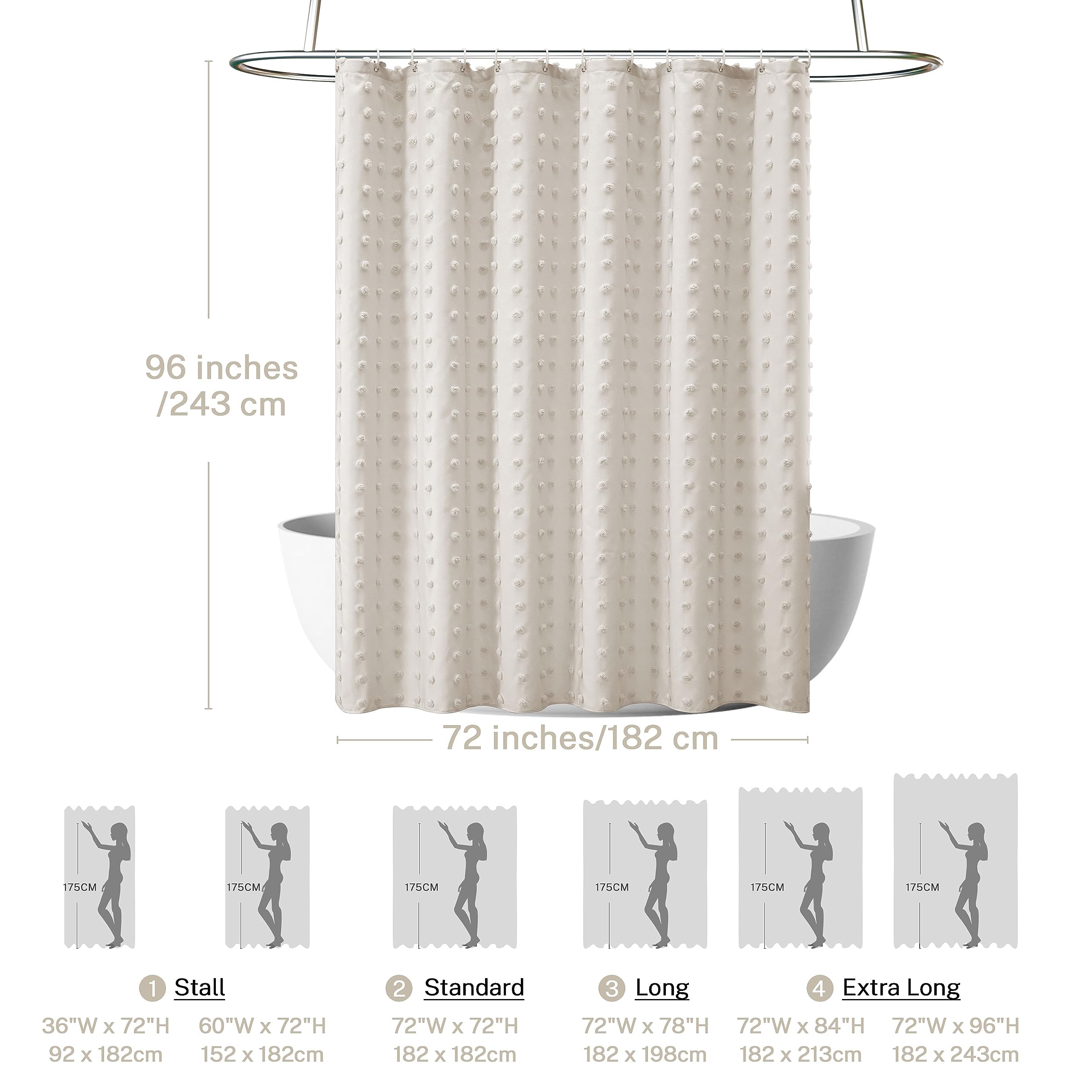 Siiluminisoy Extra Long Beige Boho Shower Curtain Woven Fabric Cute Shower Curtain, 72 X 96 Tufted Pleat Floral Puffs Textured M