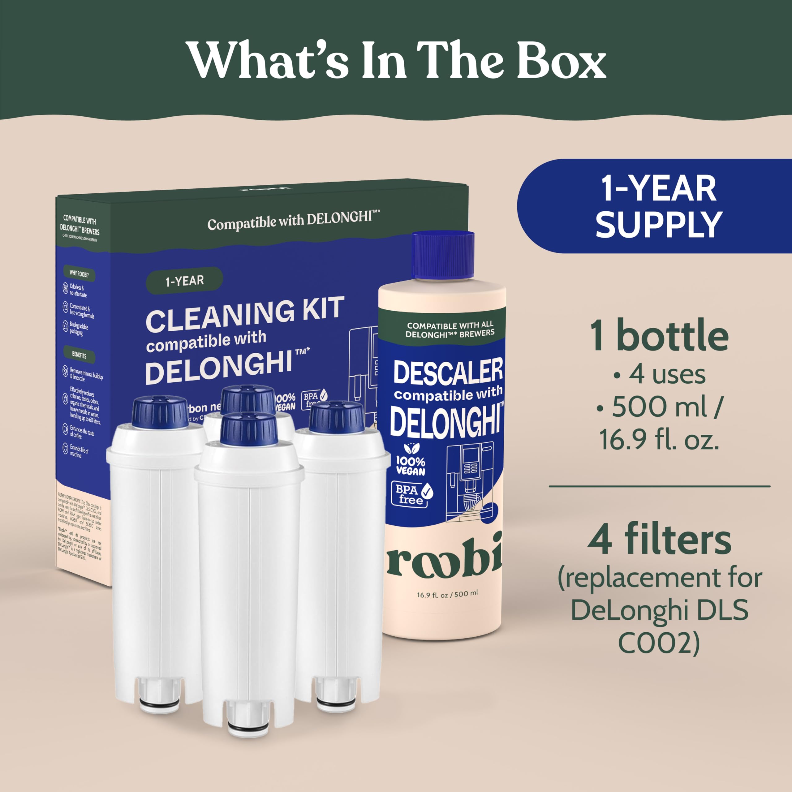 Delonghi Compatible Cleaning Descaling Kit. Includes 1 Bottle Of Descaling Solution And 4 Delonghi Filters. Carbon Neutral Delon