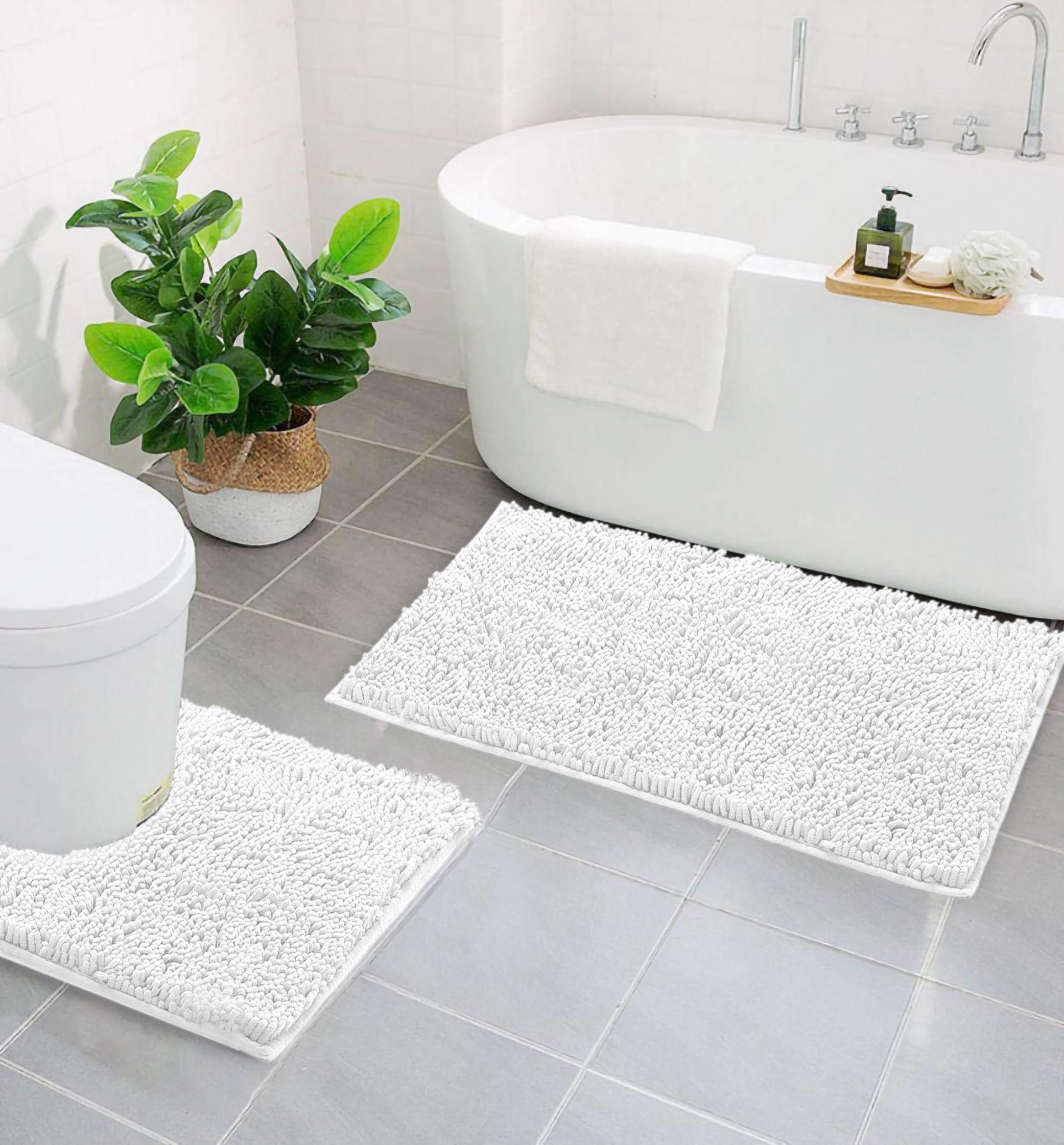 White Bathroom Rugs Sets 2 Piece, Luxury Chenille Bath Mat Set, Soft Plush Anti-Slip Bath Rug + U-Shaped Toilet Mat. Super Absor