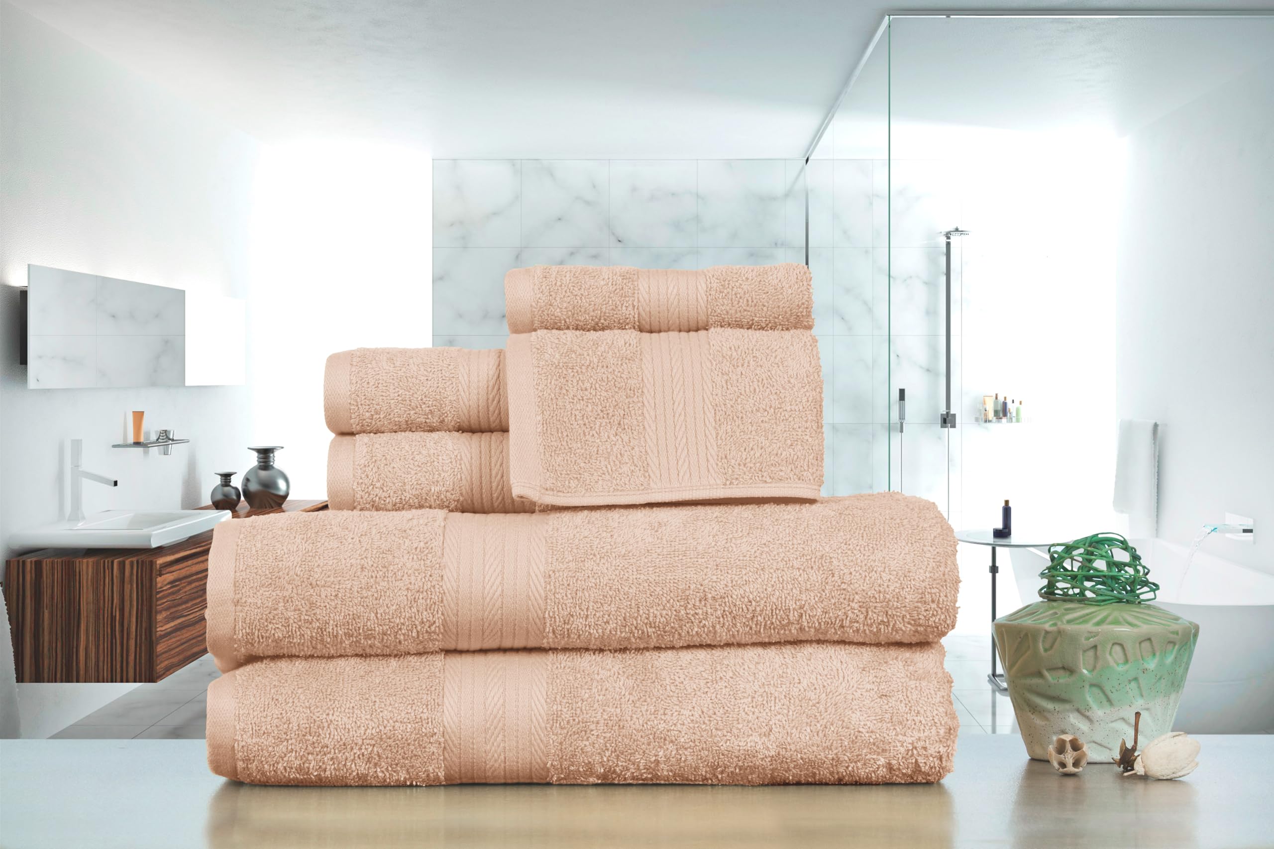 Ample Decor 100% Cotton 6 Piece Bathroom Towels Set, 2 Bath Towels, 2 Hand Towels, 2 Washcloths, Quick Drying - Beige Towel Sets