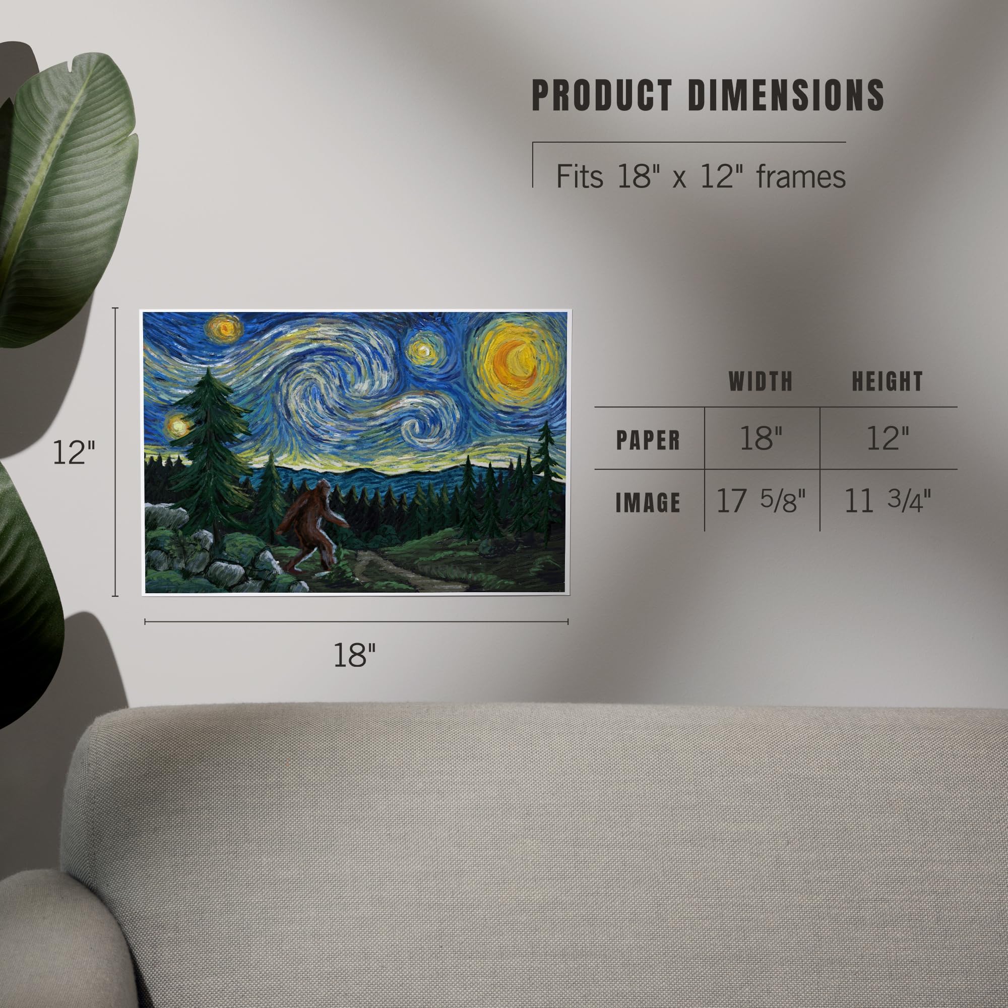 Lantern Press 12X18 Inch Art Print Wall Decor, Bigfoot, Starry Night