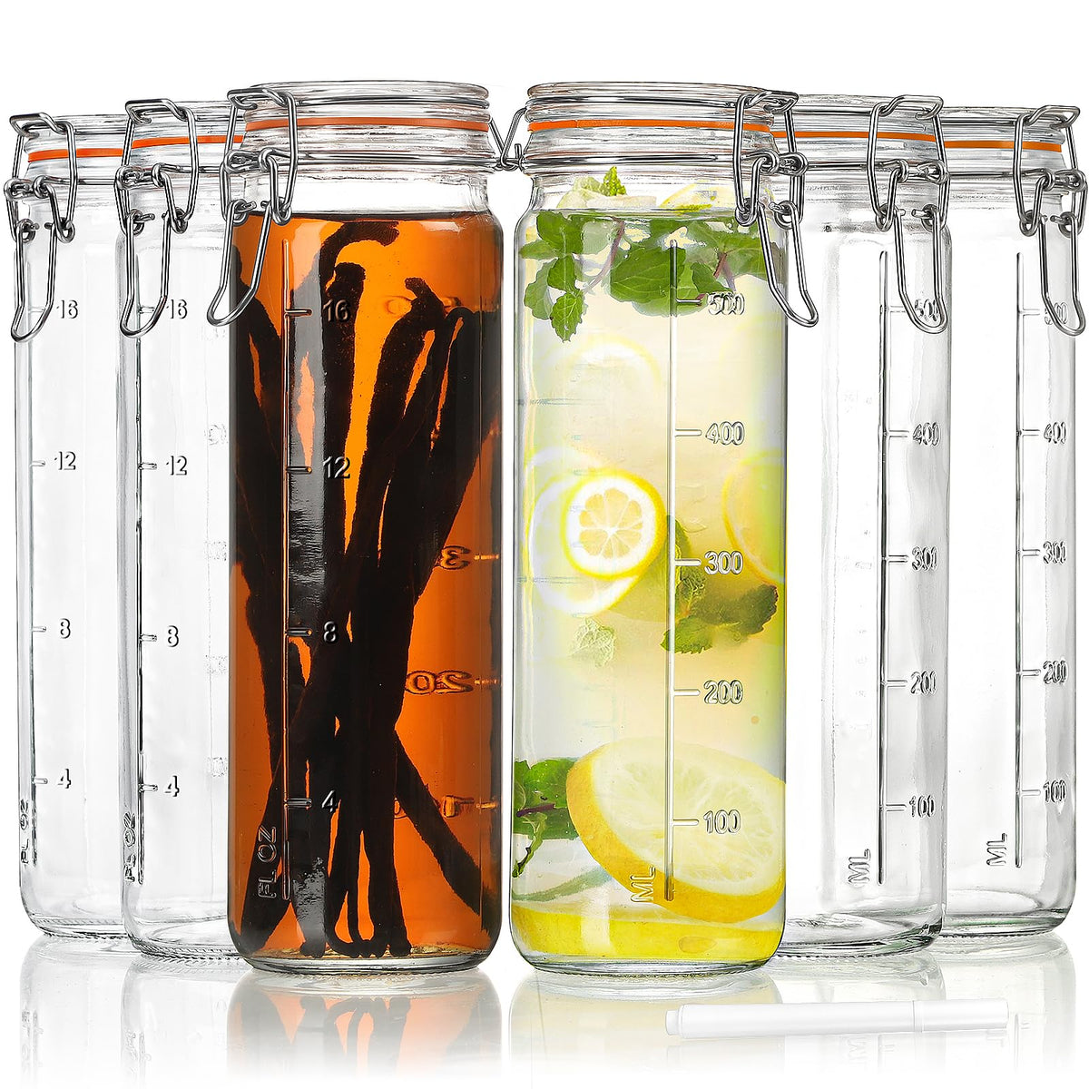 [Upgraded] 20 Oz Glass Jars With Airtight Lids For Vanilla Extract, 6 Pack Glass Juice Bottles With 2 Measurement Marks, Glass F