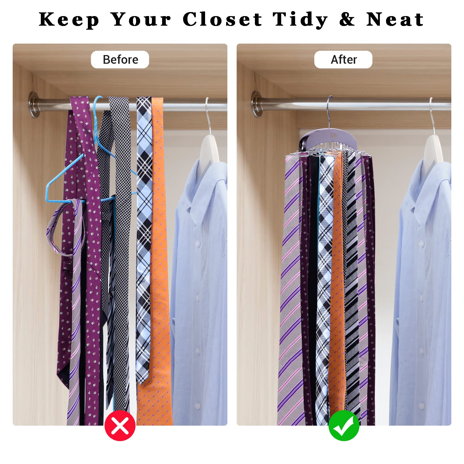 Ohuhu Tie Rack Hanger Closet Organizer, Wooden Walnut 24 Hook Tie Holder For Closet, 360 Degree Rotating Tie And Belt Organizer