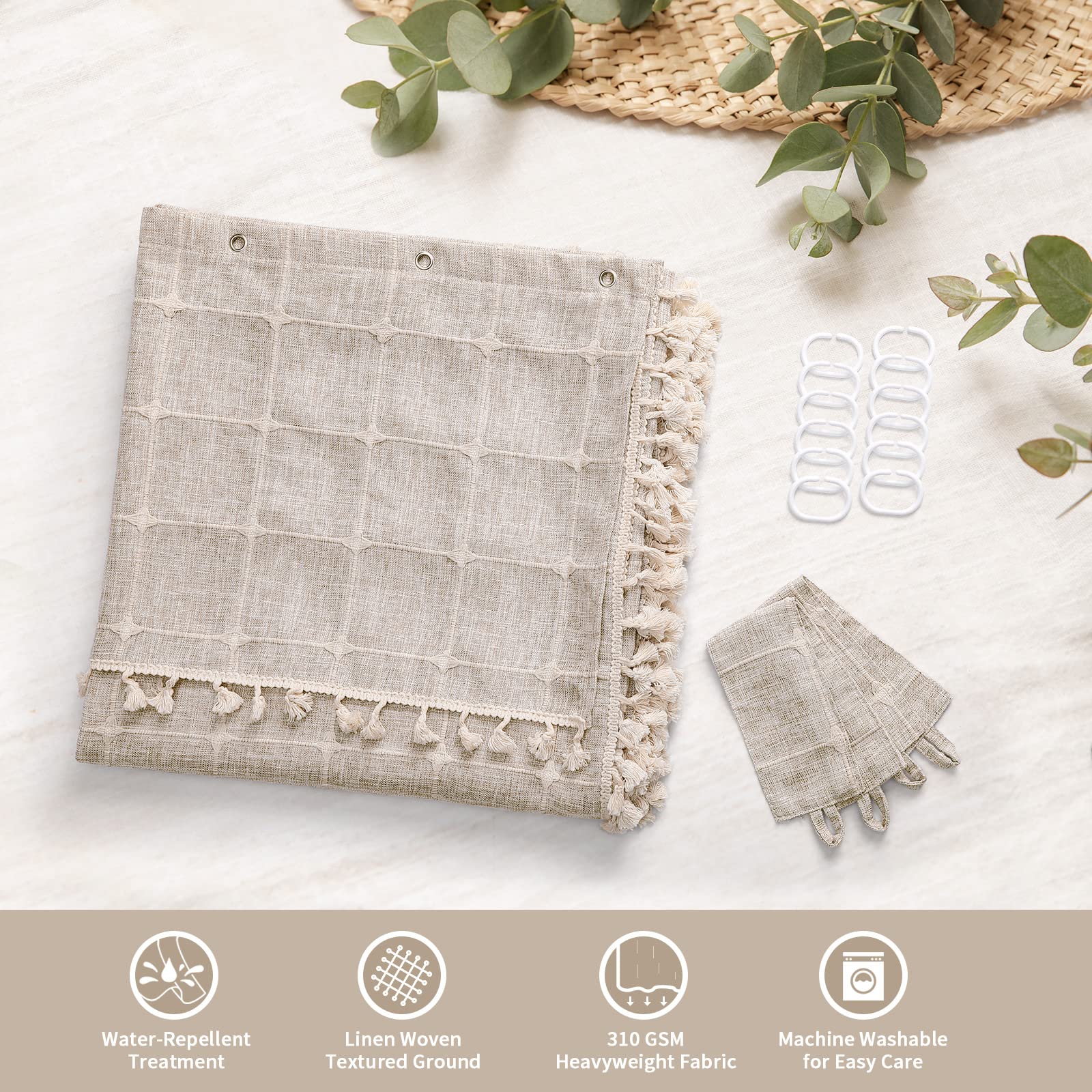 MitoVilla Boho Farmhouse Swag Shower Curtain  Cotton Linen Cloth Fabric Shower Curtain Set with Elegant Valance and 2 Tie Backs for Vintage Country Bathroom Decor  Tan Brown  72 x 72