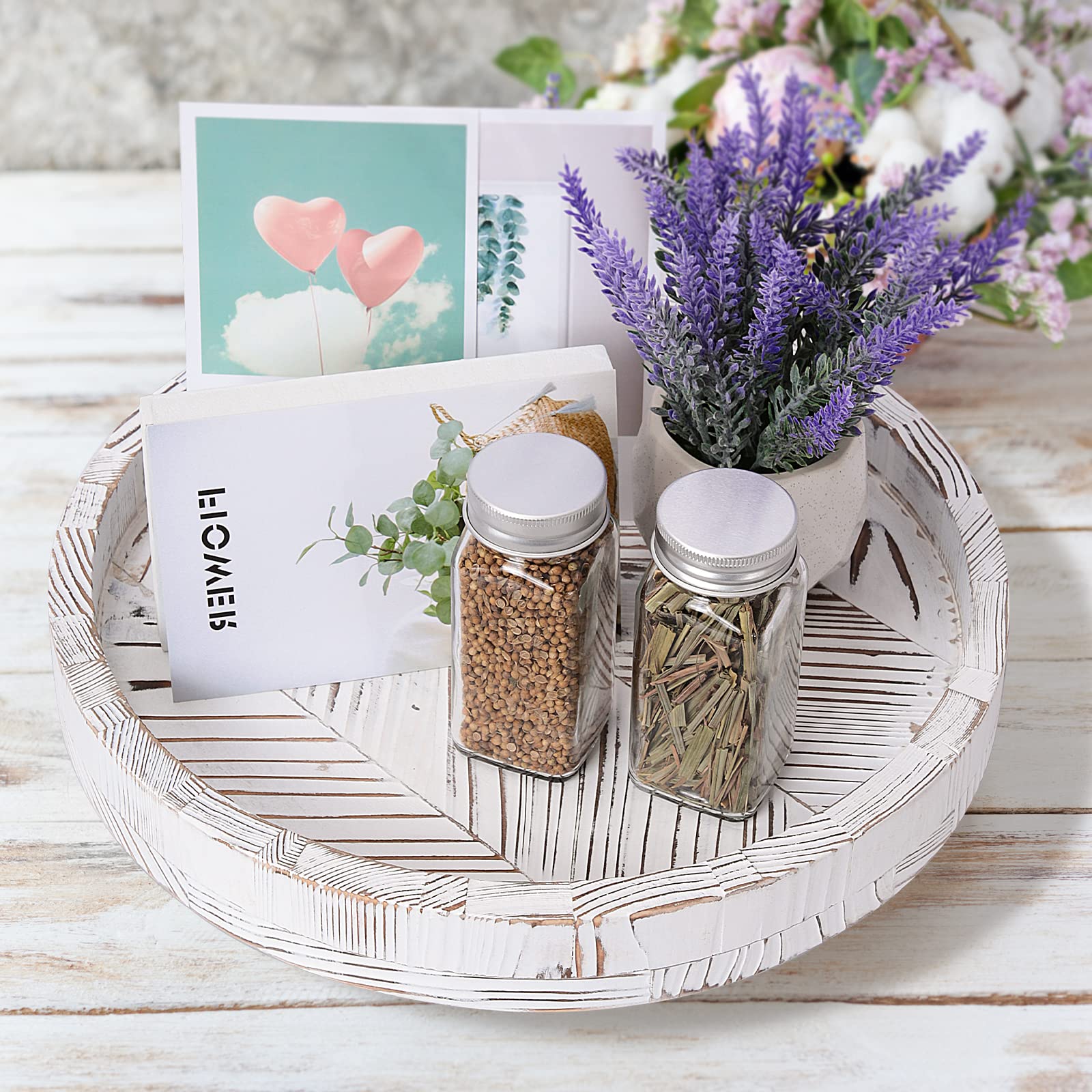12 Inch Rustic Farmhouse Wood Lazy Susan Turntable For Table, Tomoaza White Herringbone Decorative Turntable Tray, Dining Table
