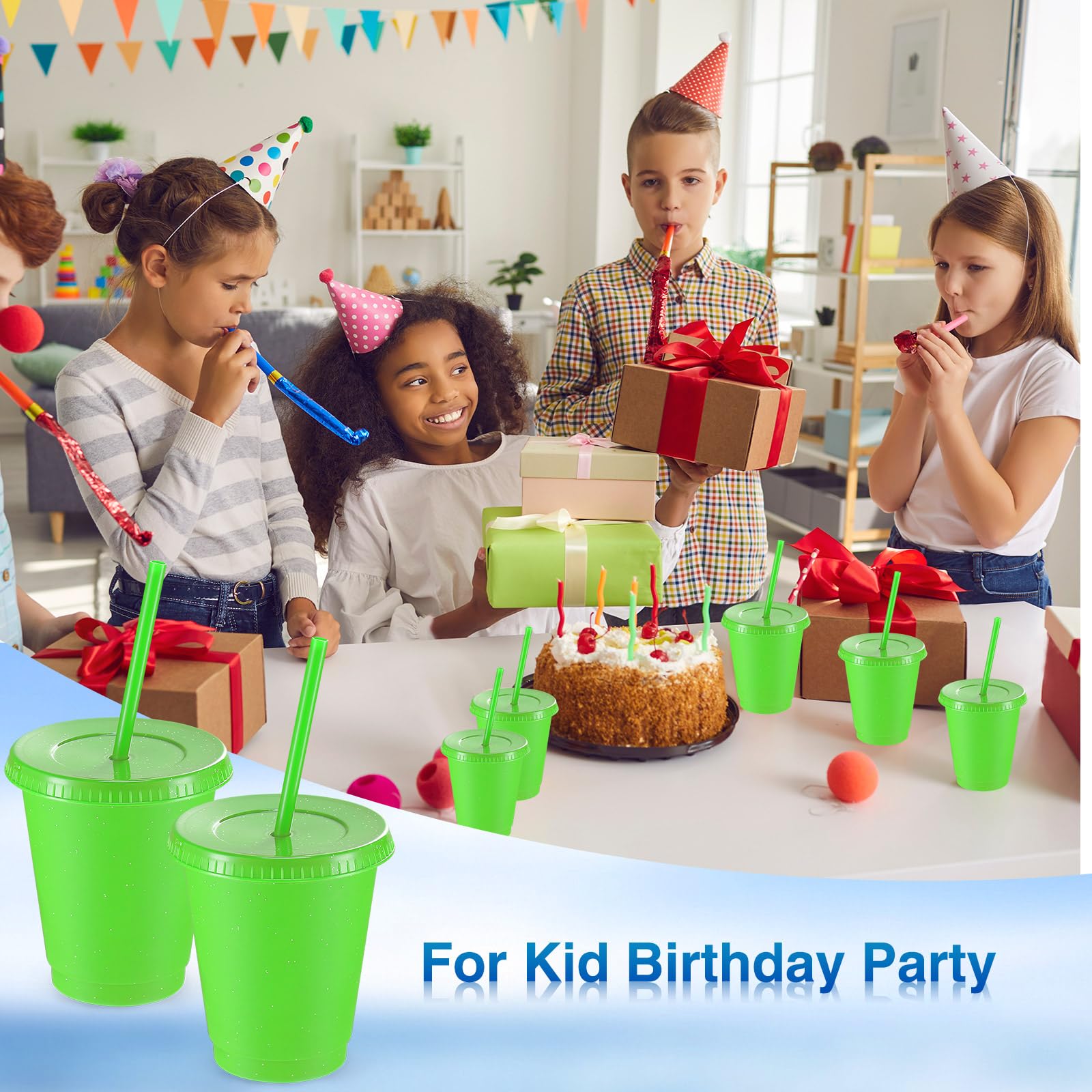 Rtteri 15 Pcs Valentine'S Day Reusable Kids Cups With Straws And Lids 16 Oz Glitter Kids Tumblers Plastic Party Favor Cups With