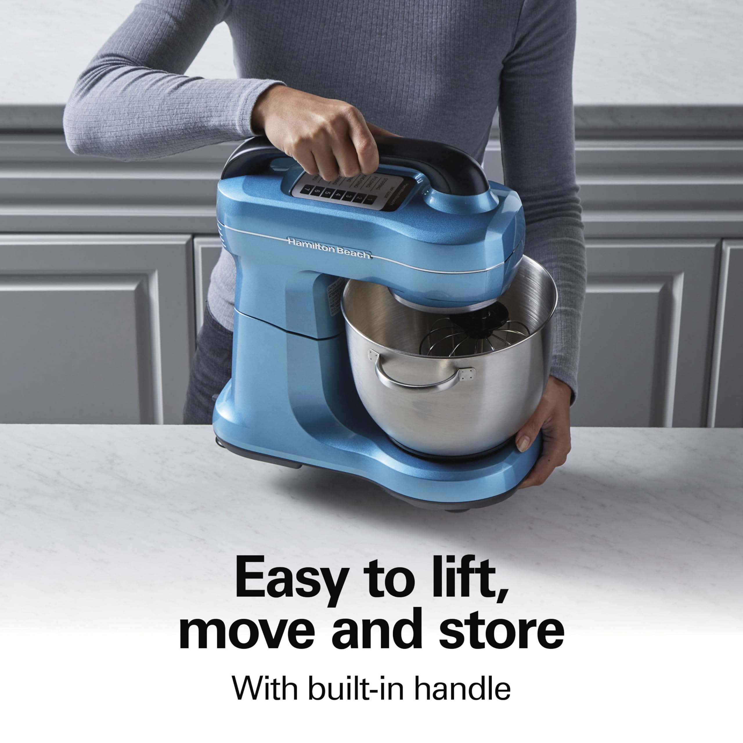 Hamilton Beach Electric Stand Mixer, 4 Quarts, Dough Hook, Flat Beater Attachments, Splash Guard 7 Speeds With Whisk, Blue