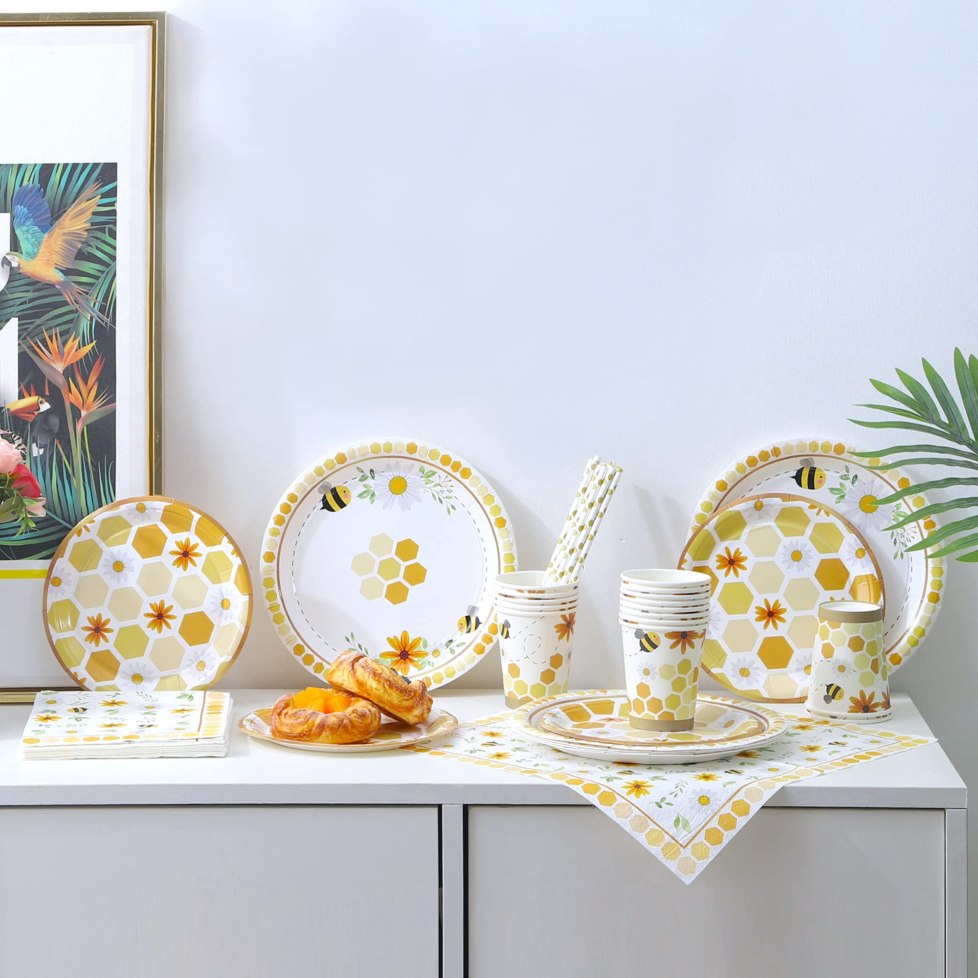 Bee Themed Party Supplies - Serves 16 - Includes Disposable Bee Plates, Cups, Napkins, And Straws Perfect For Bee Decorations, B