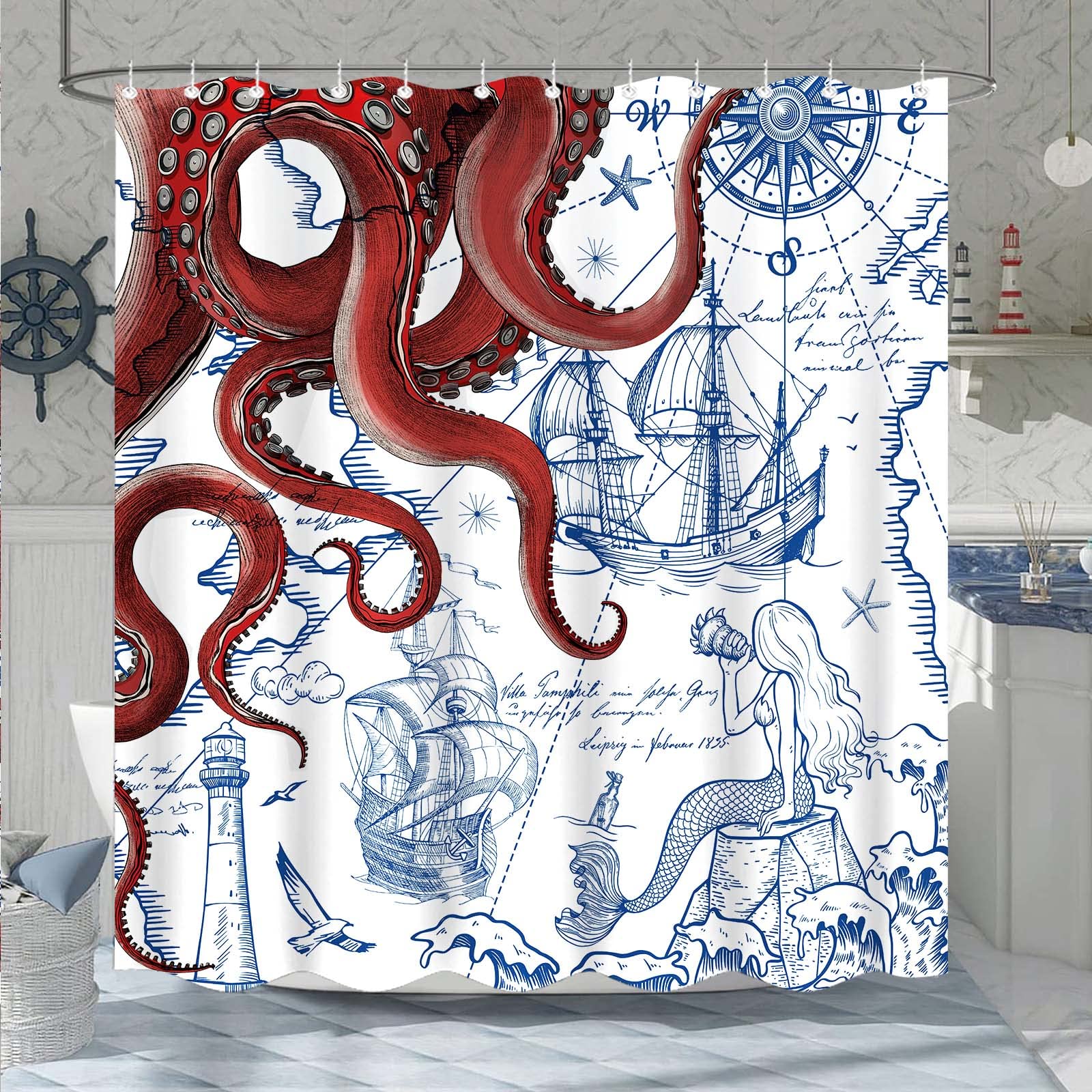 Fungarth Red Nautical Octopus Shower Curtain Navy Blue Mermaid Funny Ocean Kraken Shower Curtains For Bathroom Cool Anchor Coast