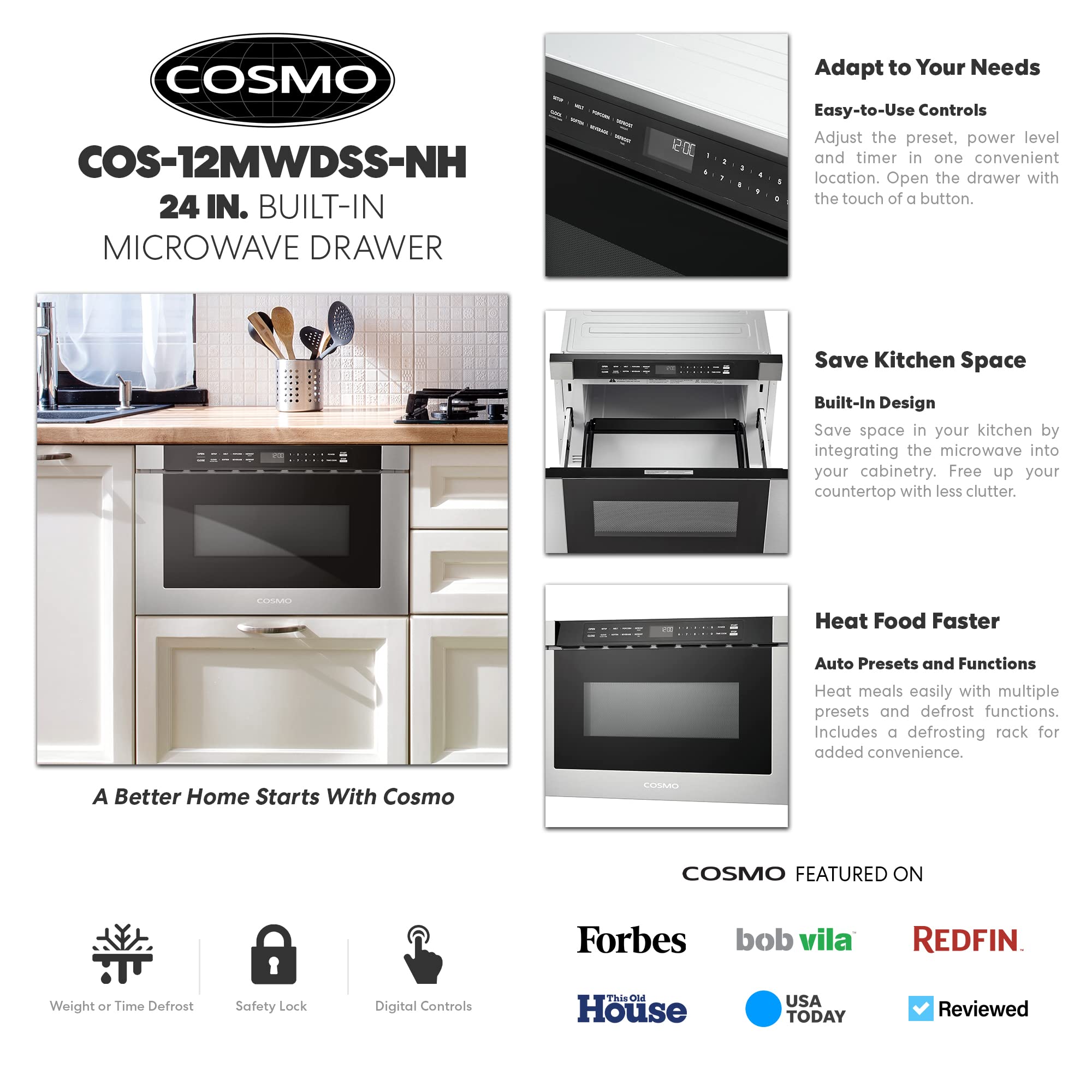 Cosmo Cos-12Mwdss-Nh 24 In. Built-In Microwave Drawer With Automatic Presets, Touch Controls, Defrosting Rack And 1.2 Cu. Ft. Ca