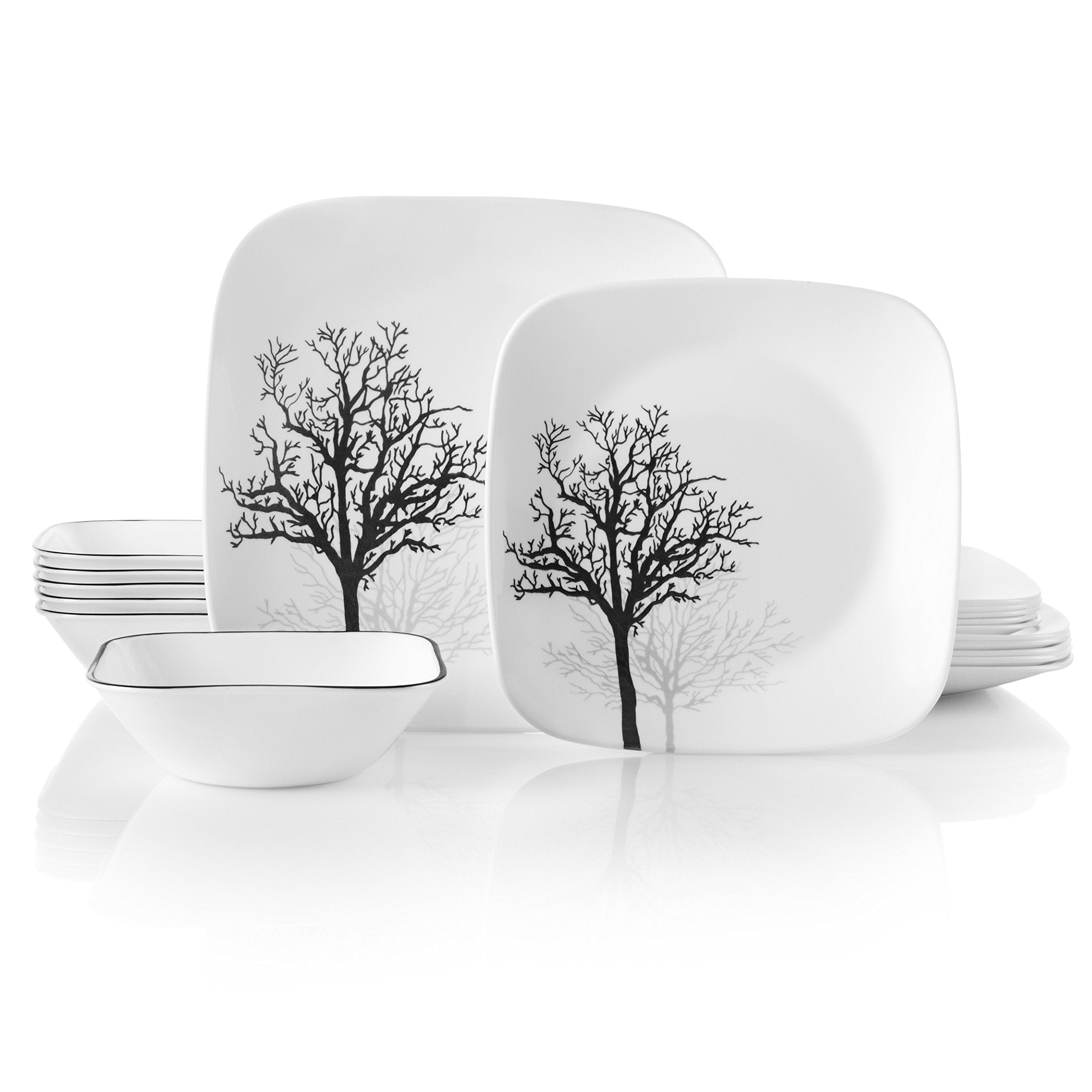 Corelle Vitrelle 18Piece Service for 6 Dinnerware Set, Triple Layer Glass and Chip Resistant, Lightweight Square Plates and Bow