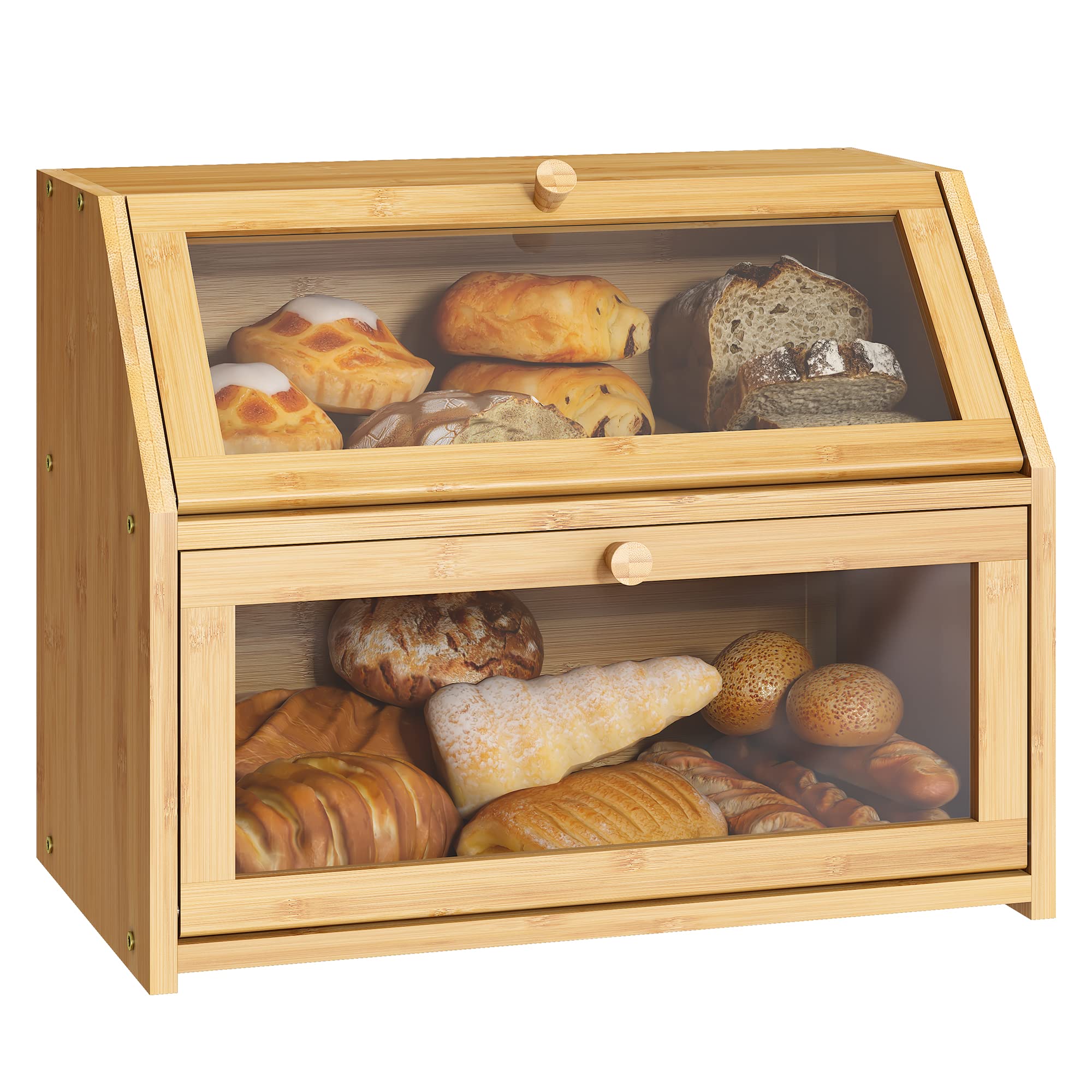 Farmhouse Bread Box For Kitchen Countertop Bread Box Double Layer Bamboo Wooden Extra Large Capacity Bin Kitchen Food Storage Co