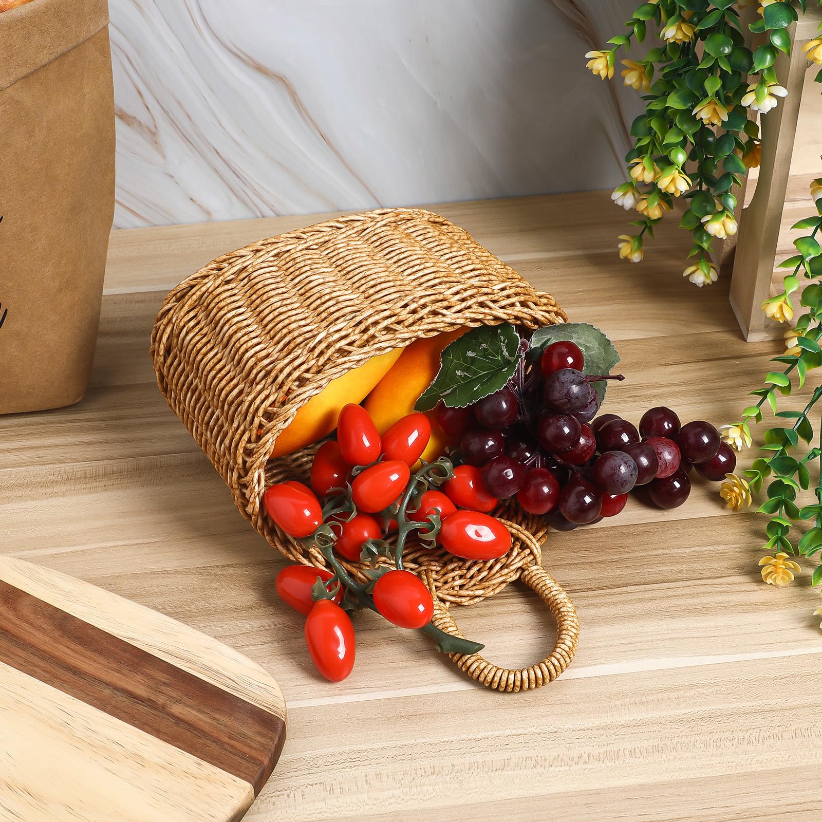 Hanging Wall Basket Wall Storage: Farmhouse Rattan Flower Bin Kitchen Onion Organizer Rustic Handle Basket Container For Ginger