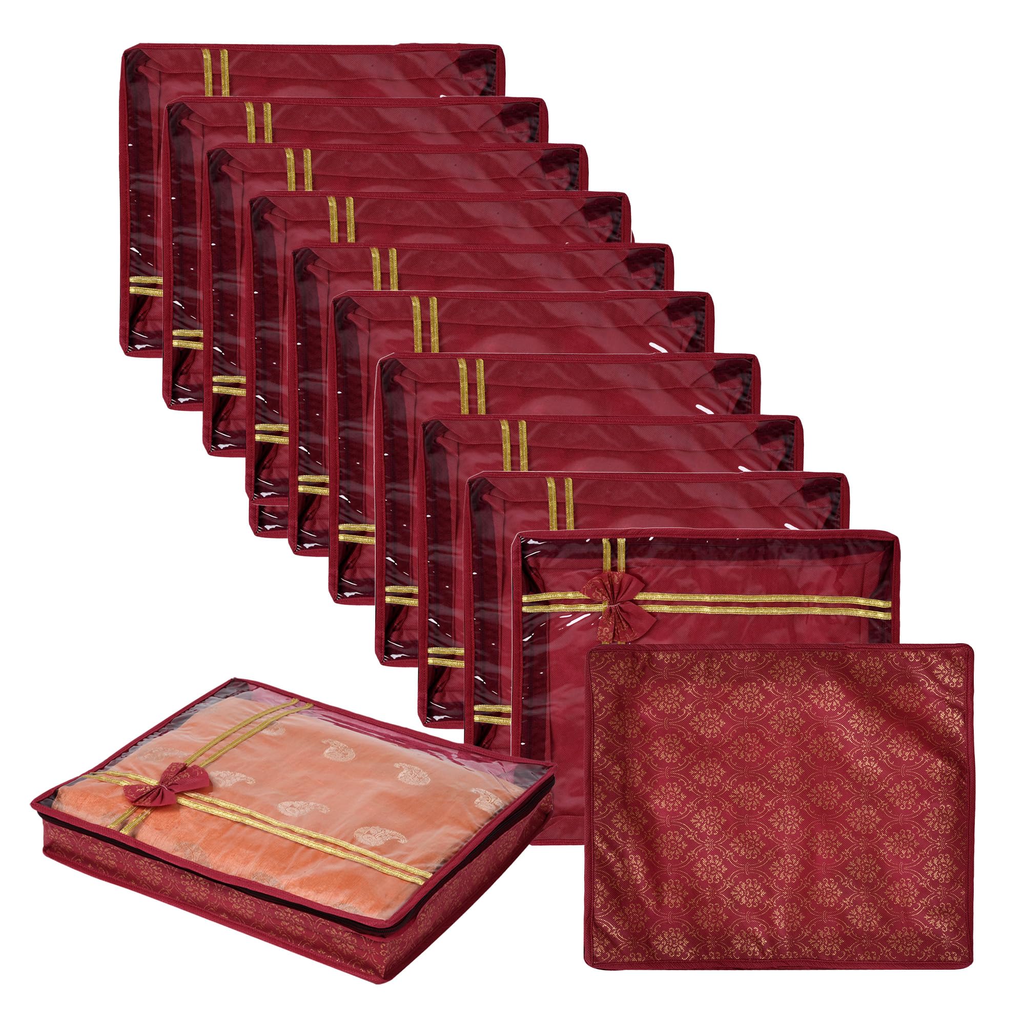 Kuber Industries NonWoven Saree Storage Bag, Clothes Organizer With Top Visible Window, Bow Golden Printed, 3 Inch, Pack Of 12,
