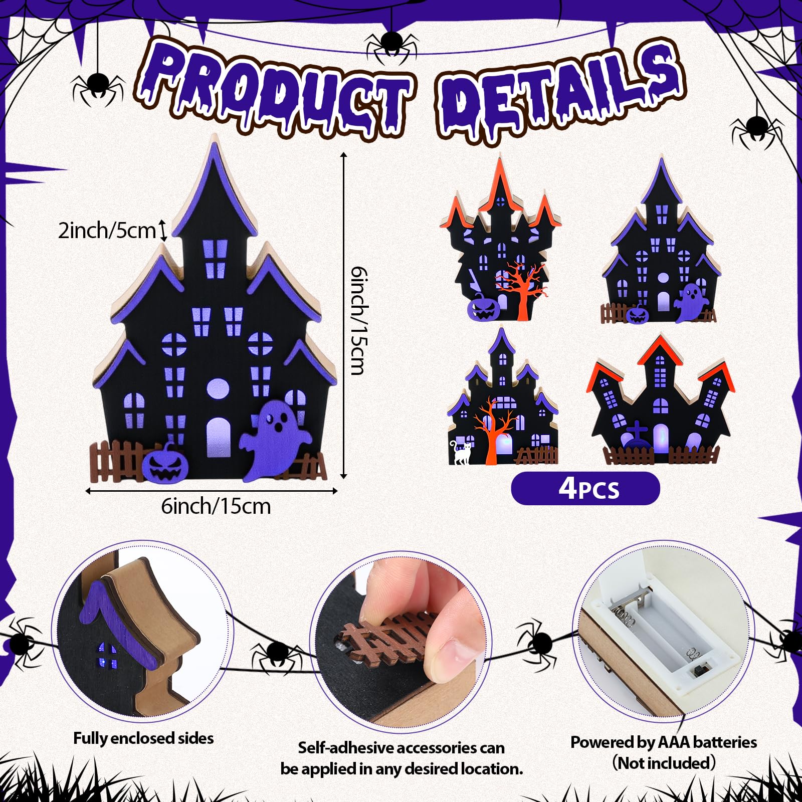 Bucherry 4 Pack Halloween Table Haunted House Decor Lighted Wooden Village Ghost House 3D Tabletop Decorations for Halloween Ind