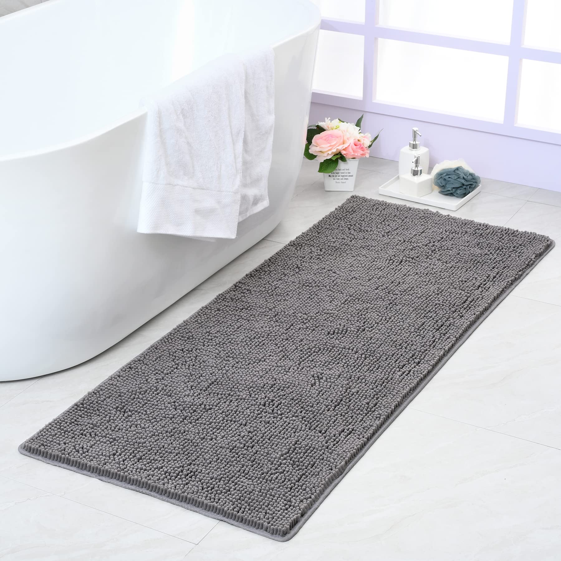 Noahas 24 ' 'X60 ' ' Grey Long Bathroom Rugs Runner,Absorbent Bath Mats For Bathroom Non-Slip,Washable Carpet,Soft Plush Chenill