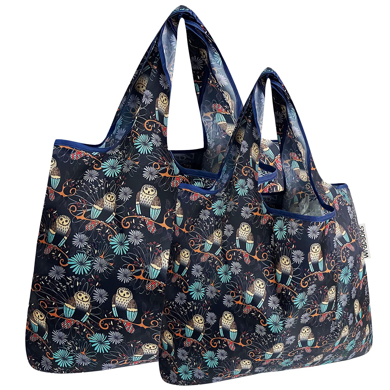 allydrew Large & Small Foldable Tote Nylon Reusable Grocery Bags, Set of 2, Deco Owls