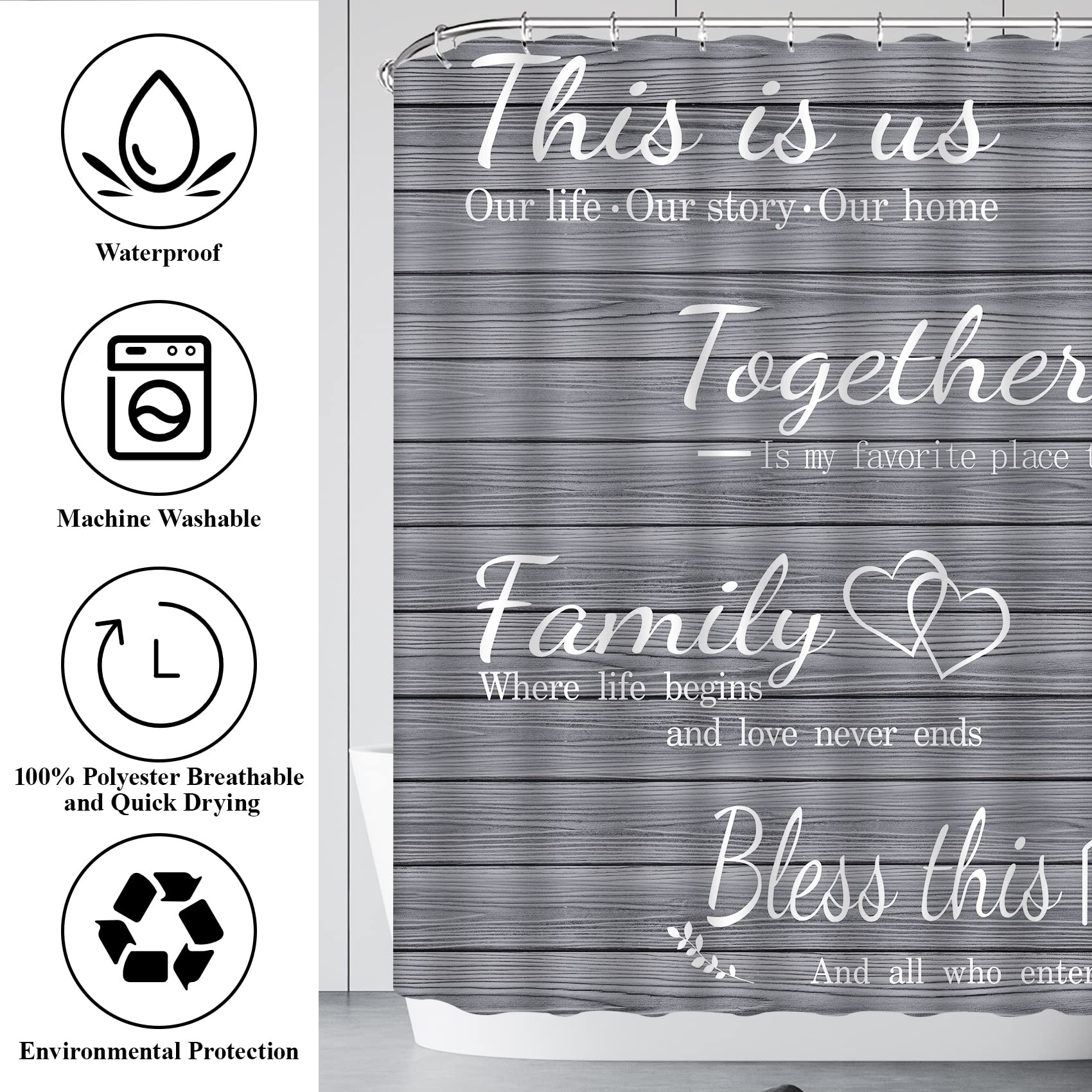 Juwute 4Pcs Family Shower Curtain Sets With Non-Slip Rugs, Toilet Lid Cover And Bath Mat, Grey Home Bathroom Decor Set Accessori