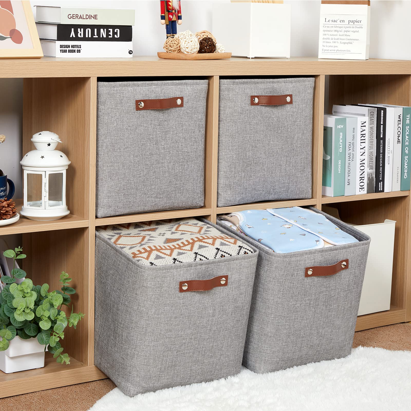 HNZIGE Fabric Storage Cubes Baskets Set of 4 Foldable Storage Basket with Handles for Organizing 13 x 13 Cube Storage Organizer Bins for Toys  Clothes(Gray)