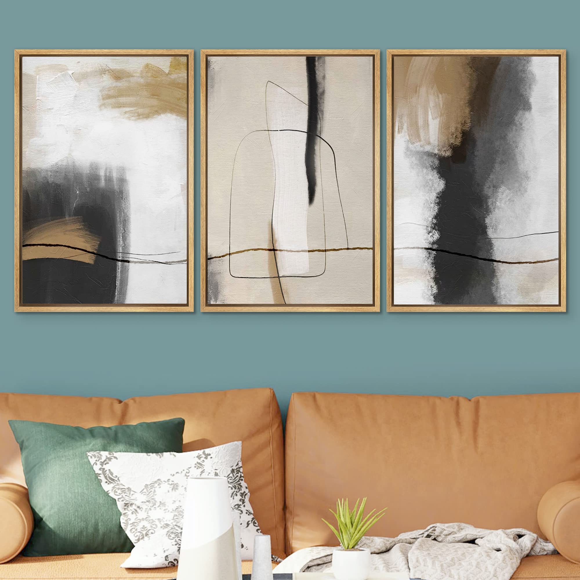 Signwin Framed Canvas Print Wall Art Set Geometric Line Brown Black Pastel Color Field Abstract Shapes Modern Art Colorful For L