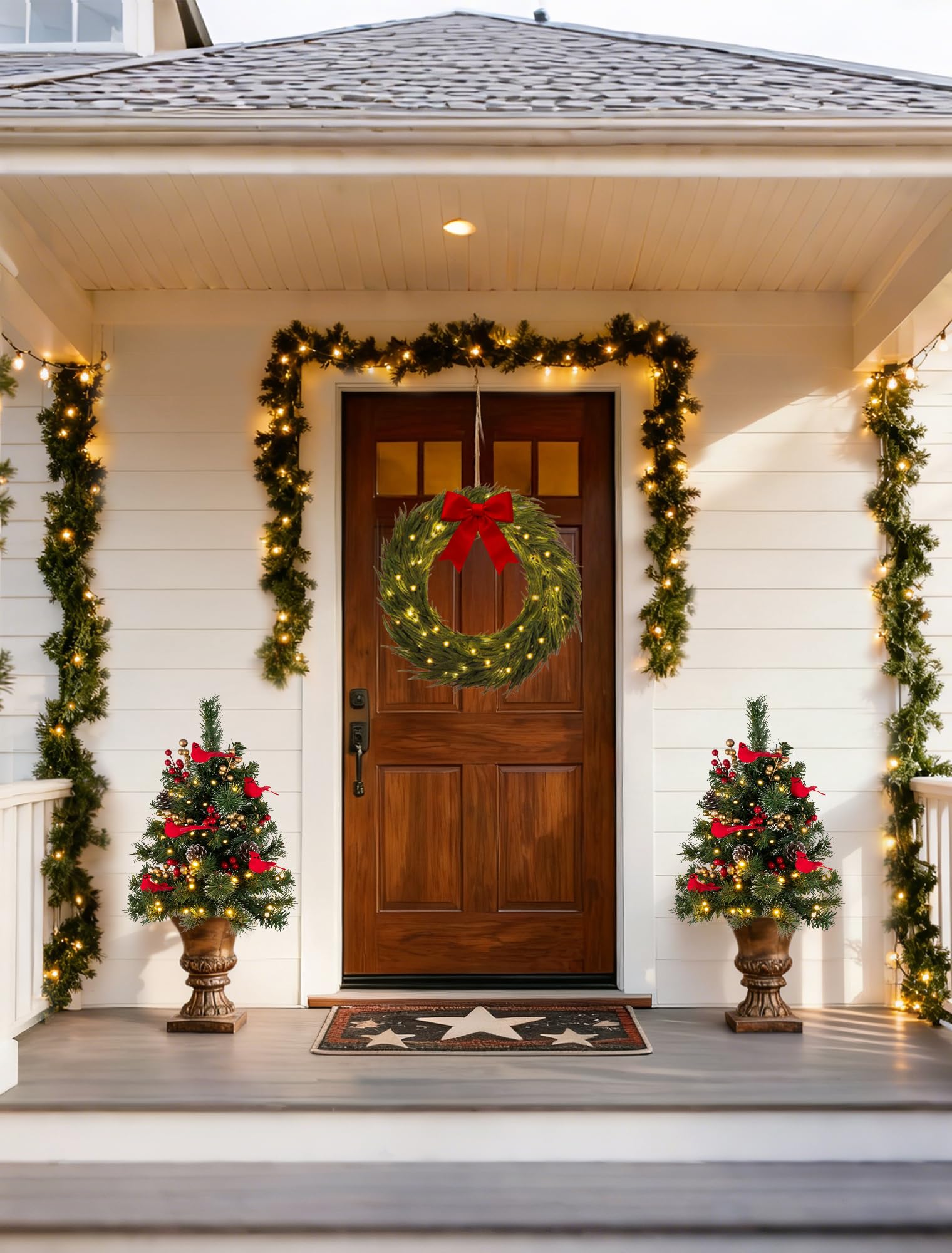 BLOSMON Outdoor Christmas Tree for Porch: 2 Sets 24 Inch Timer Prelit Planter Bushes with 10 Red Cardinals - Remote 60 Lights 8