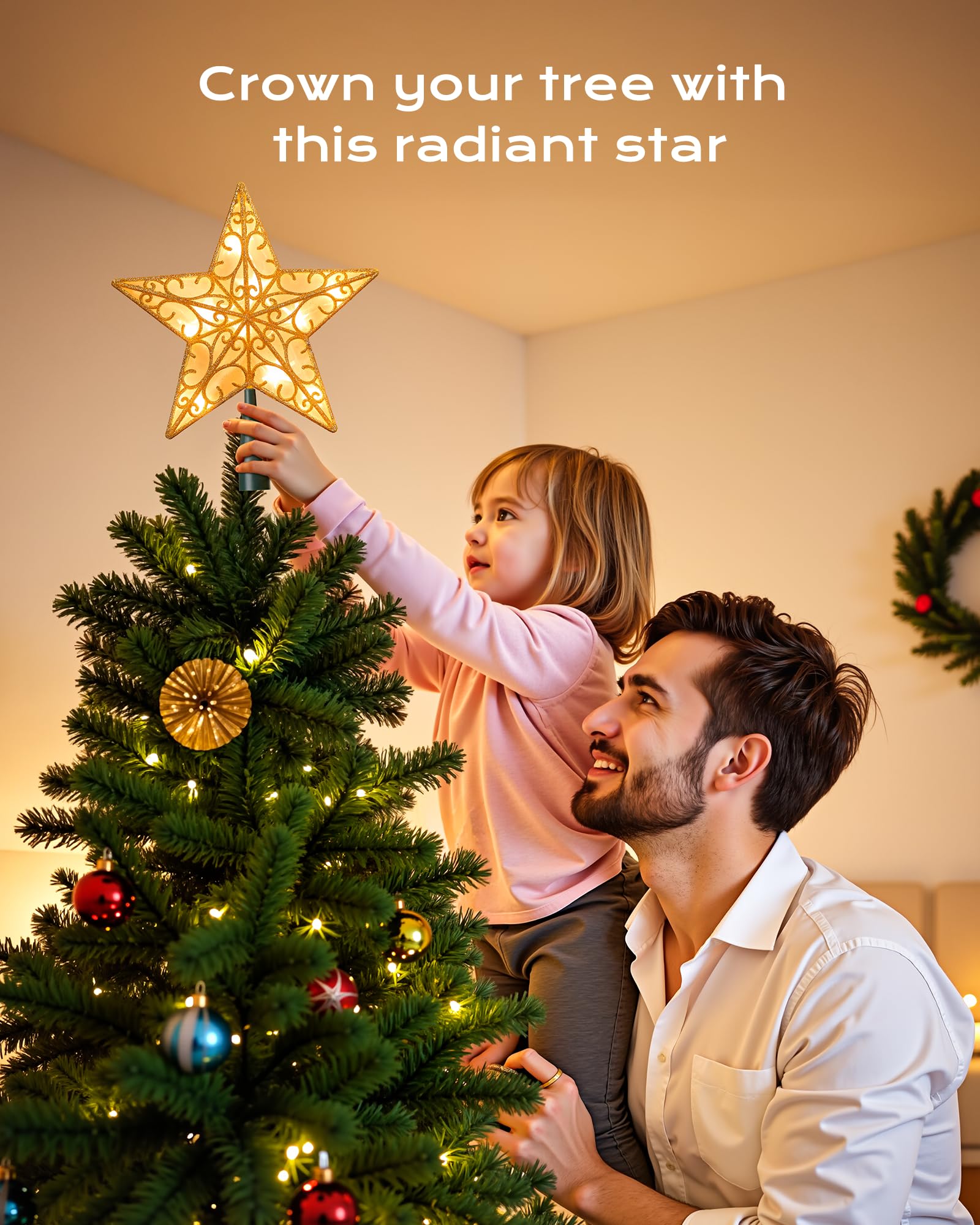 Christmas Star Tree Topper, Plug in Sliver Glittered 3D Star Tree Topper, Metal Hollow Designed Built-in 10 Bulbs String Lights