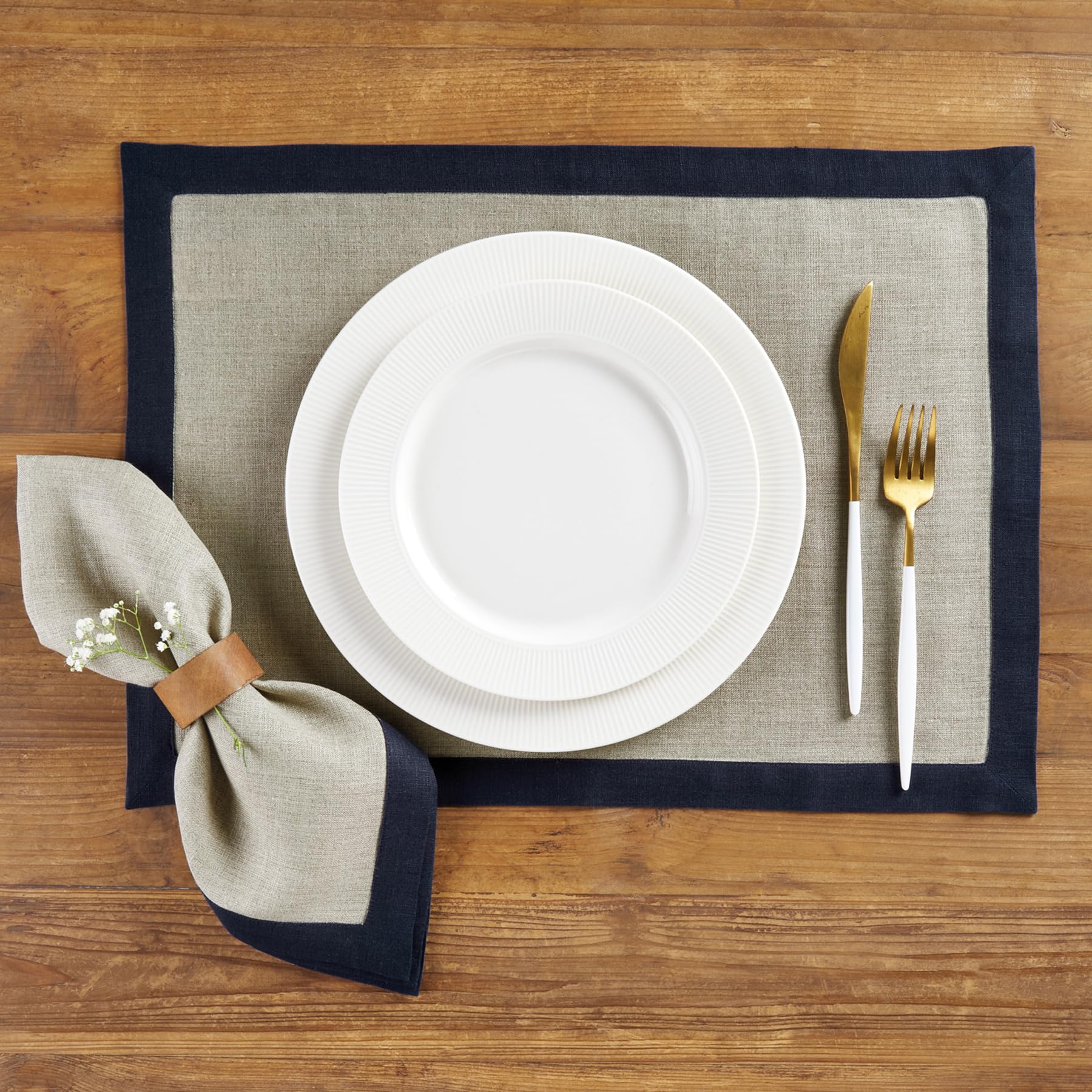 Solino Home Linen Dinner Napkins 20 X 20 Inch - 100% Pure Linen Navy And Natural Cloth Napkins Set Of 4 - Classic, Handcrafted A