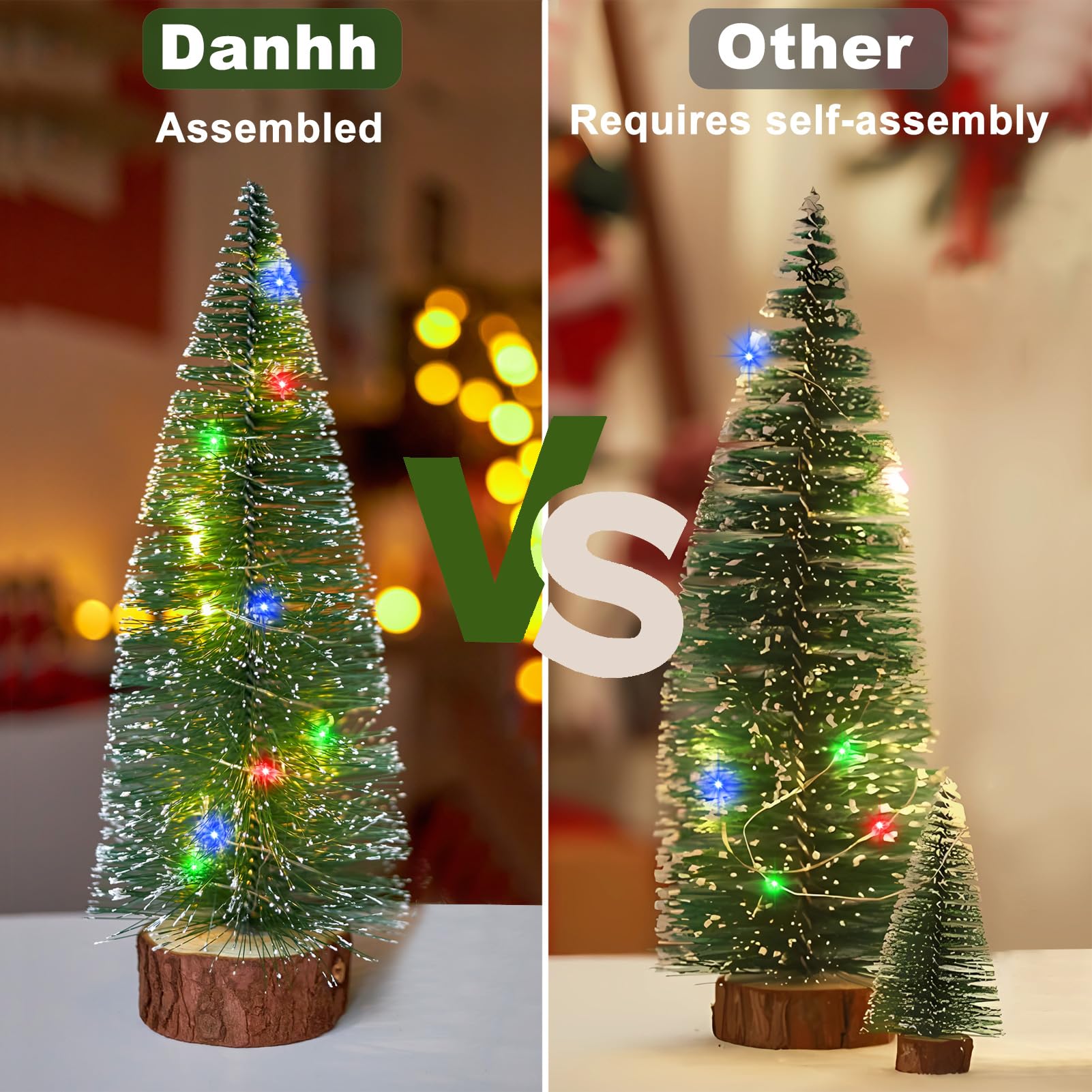 4Pcs Mini Christmas Trees, 2 Modes Timer Bottle Brush Christmas Trees, Artificial Christmas Tree, Mini Snow Frost Trees with Woo
