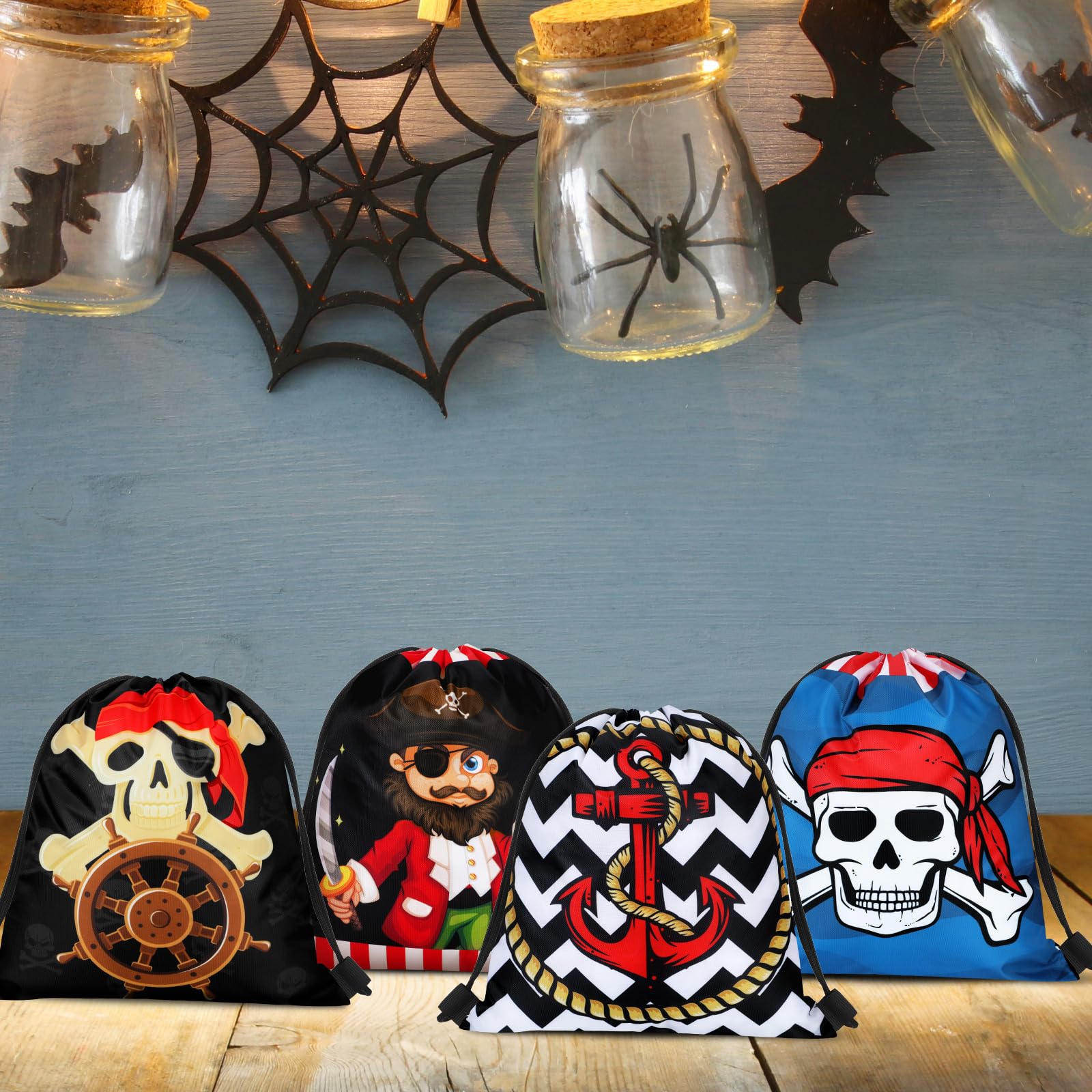 Woanger 16 Pcs Pirate Party Favor Bags Pirate Drawstring Bags For Kids Captain Skull Party Goodie Gift For Halloween Cosplay Adv