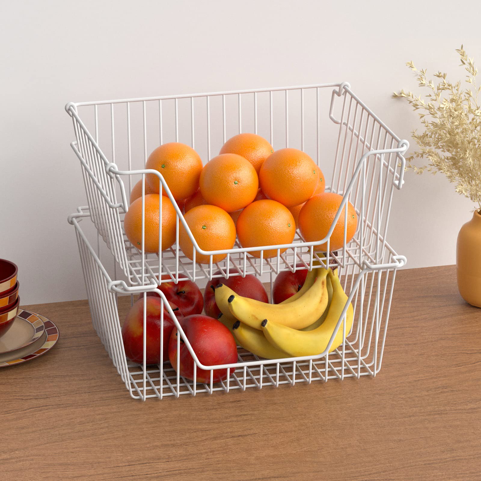 Blitzlabs Stackable Wire Metal Baskets Cabinet Organizer Sturdy Metal Wire Pantry Freezer Bin For Home Bathroom Kitchen Friut Ve