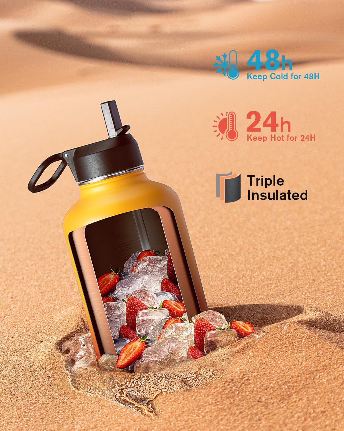 Half Gallon Water Bottle Insulated with Straw & 3 Lids, Coolflask 64 oz Water Jug Large Metal Stainless Steel Wide Mouth for Spo