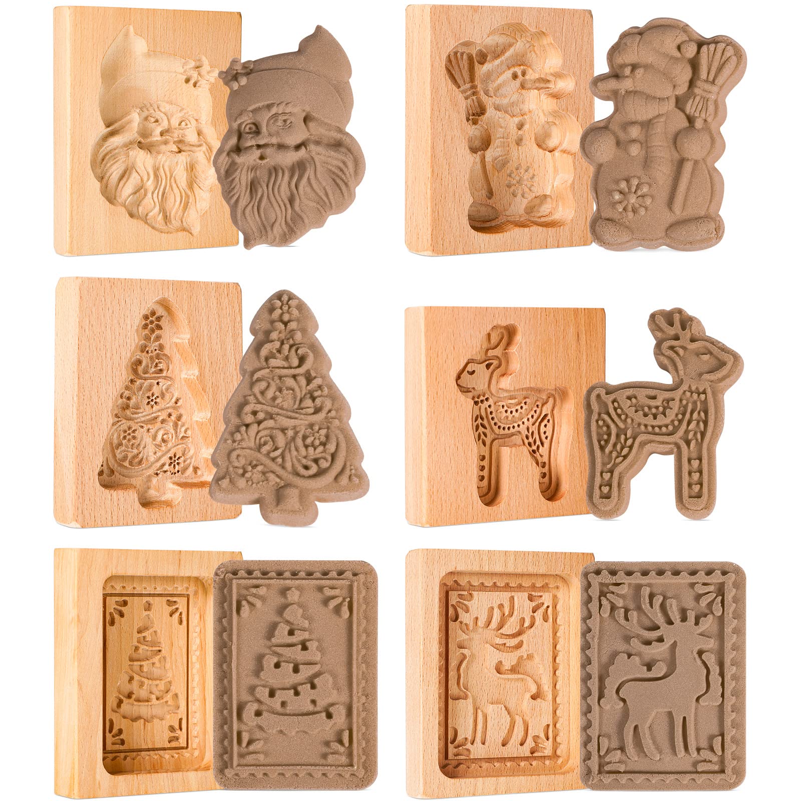 6 Pcs Springerle Cookie Molds Wooden Cookie Molds Christmas Stamps Press Speculaas Shortbread mold for Halloween Christmas Bakin