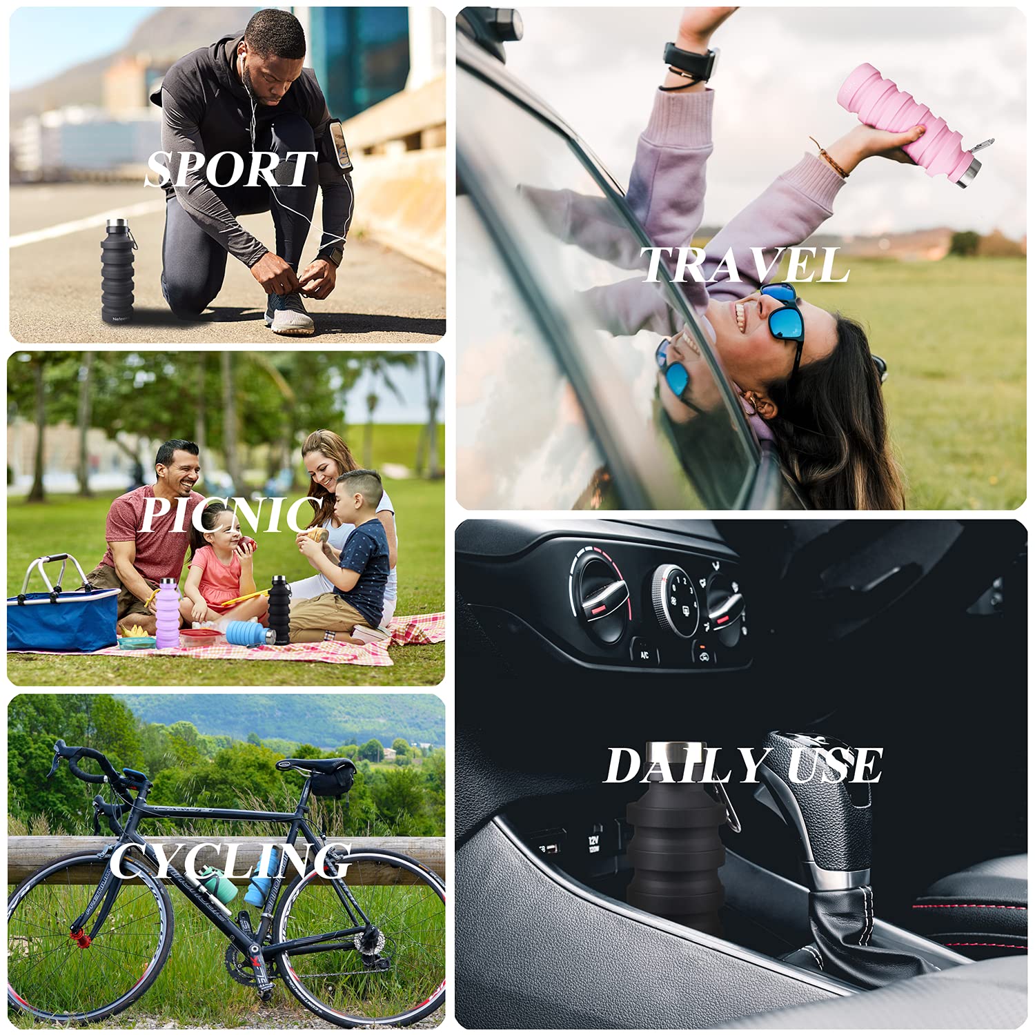 Nefeeko Collapsible Water Bottle, Reuseable Bpa Free Silicone Foldable, Portable Leak Proof Sports Water Bottle With Carabiner F