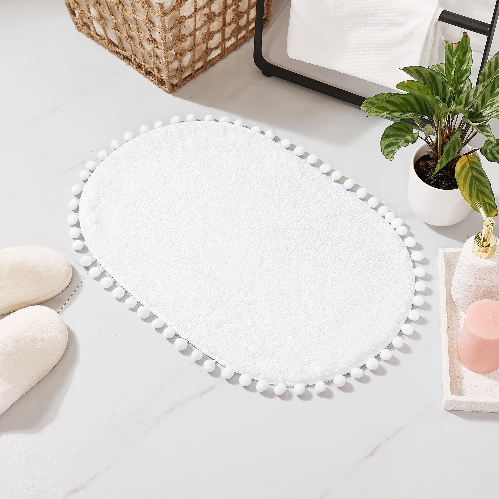 Yirddeo Bath Mat White Rug With Pom Oval Bathroom Rugs For Bedroom Non Slip Cute Boho Absorbent Mats Soft Plush Washable Rug (20