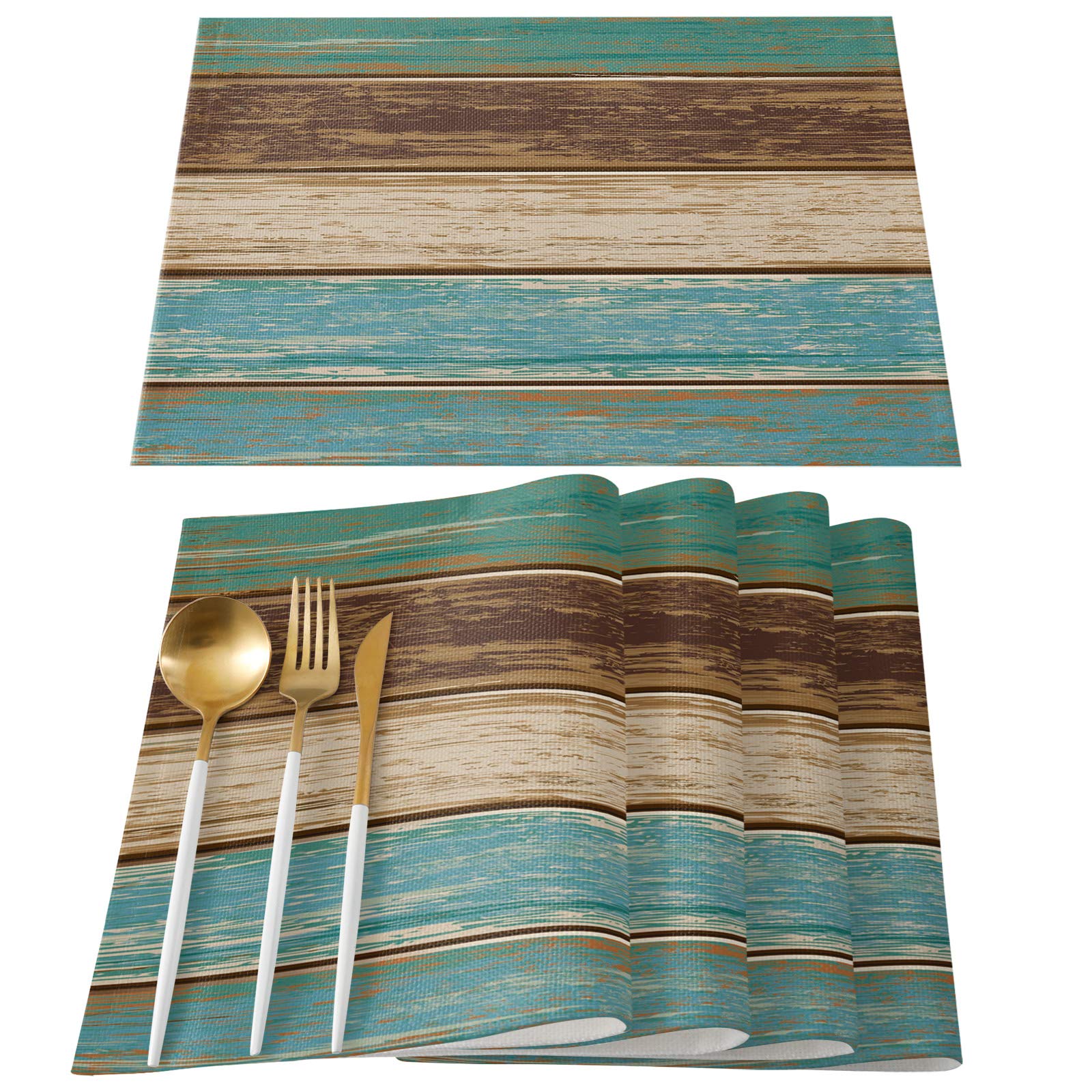 Vandarllin Placemats Set Of 6, Retro Rustic Wood Texture Polyester Stain Resistant Table Mats Washable Placemat Decoration For K