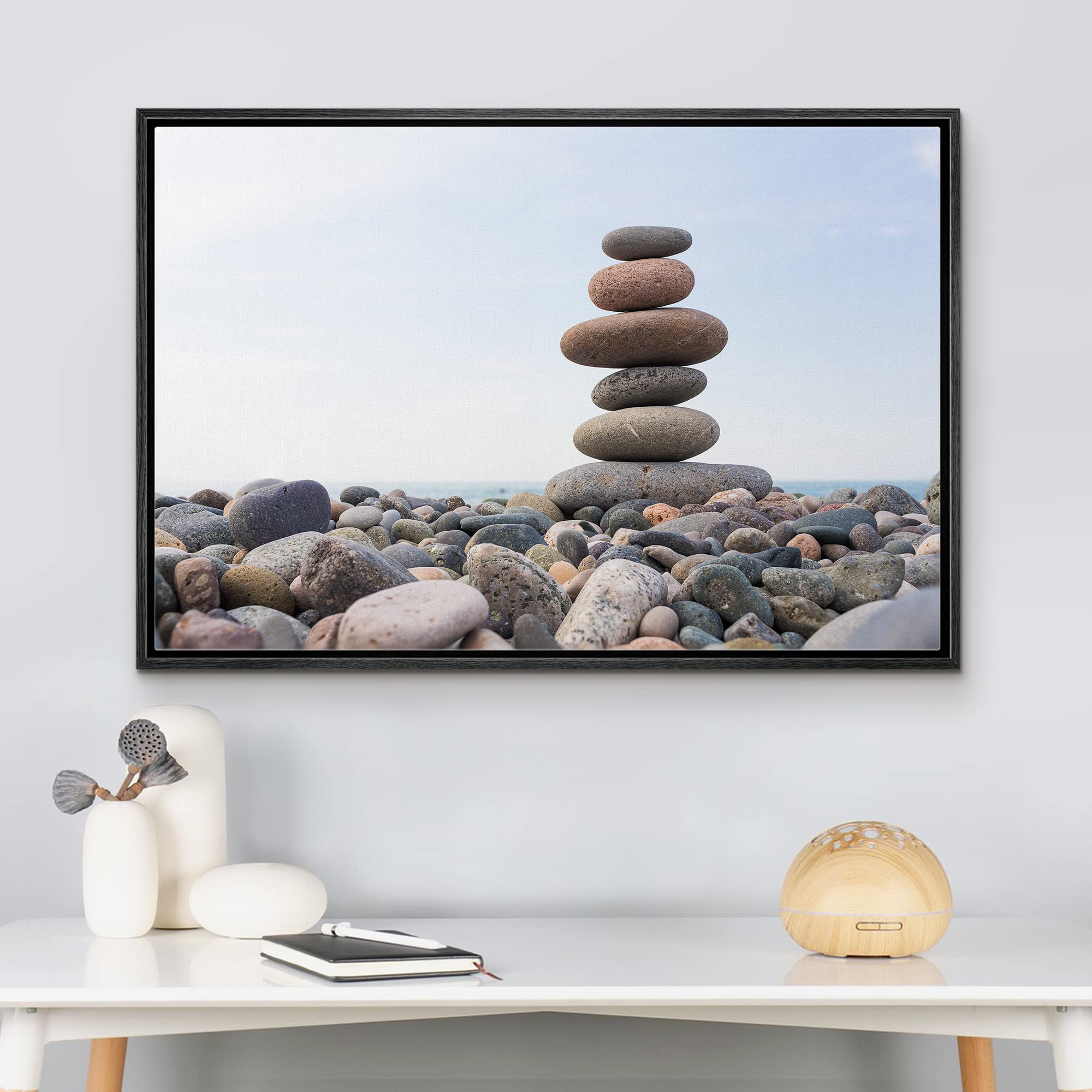 wall26 - Framed Canvas Prints Wall Art - Zen Stones Balance  Pebbles Stack Over Blue Sea  Modern Wall Decor/Home Decoration Stretched Gallery Canvas Wrap Giclee Print. Ready to Hang - 24''x36'' Black