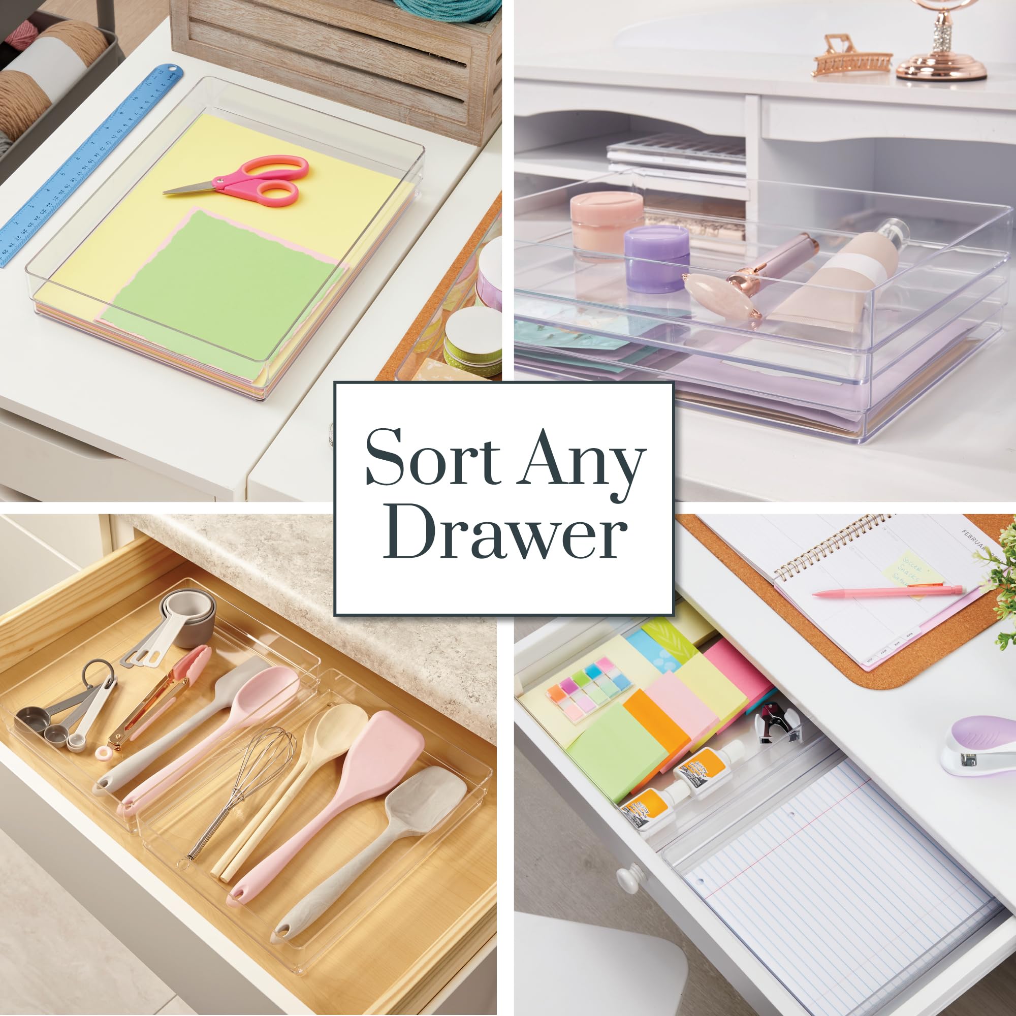 STORi SimpleSort 2-Piece Stackable Clear Drawer Organizer Set | 15 '' x 6 '' x 2 '' Rectangle Trays | Wide Makeup Vanity Storage