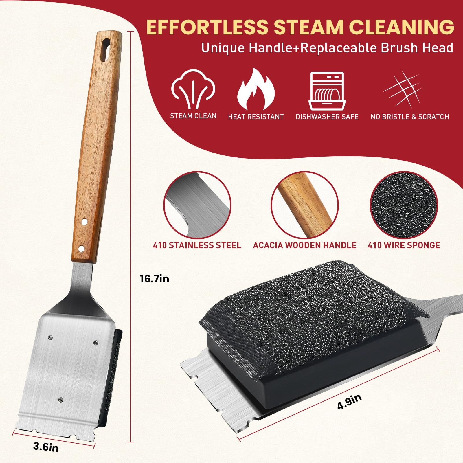 Matscover Grill Brush BBQ Cleaner with Stainless Steel Scraper, Wooden Handle, Replacement Head - First Generation, Bristle-Free Design