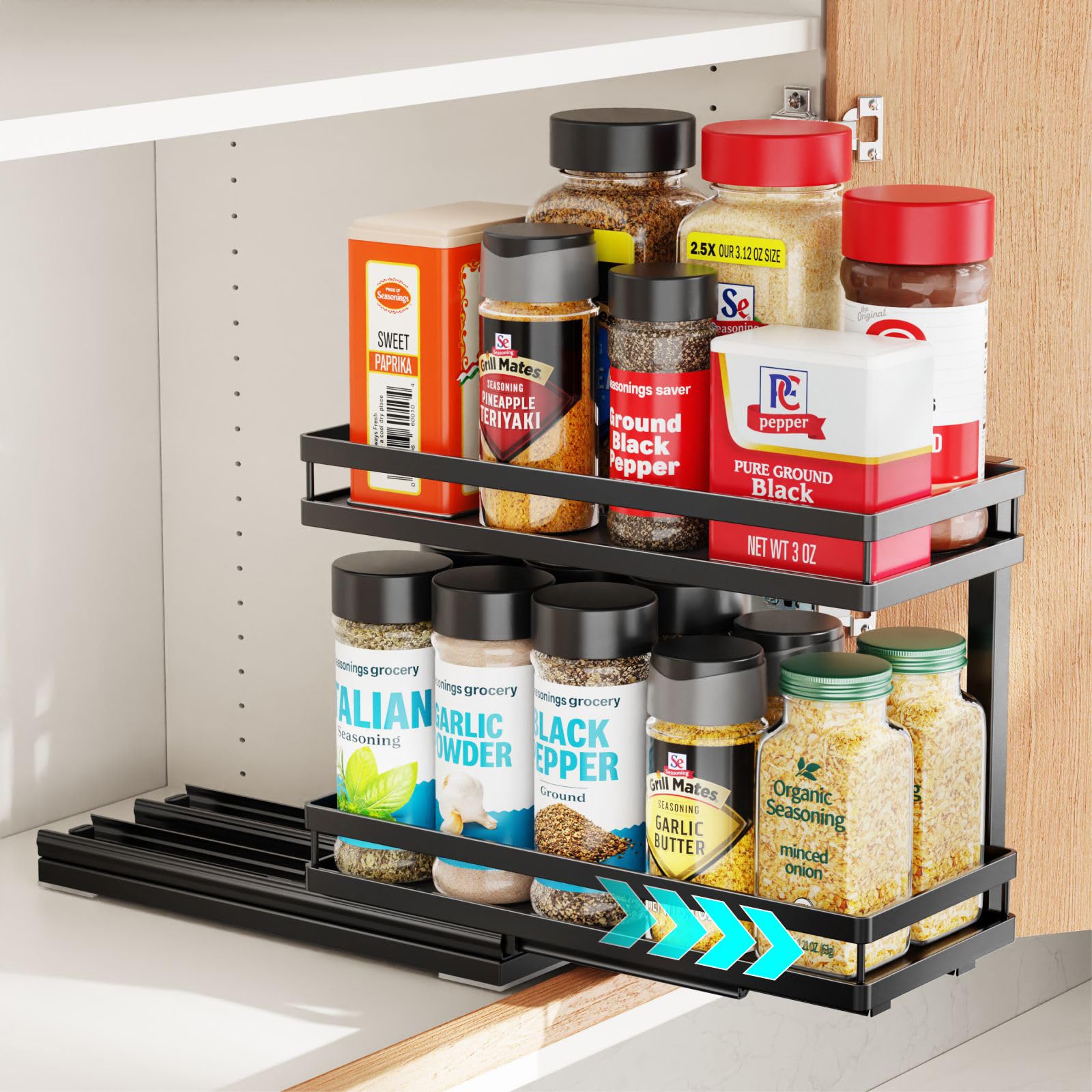 iSPECLE 2 Tier Pull Out Spice Rack  for Inside Cabinet with Front Lips