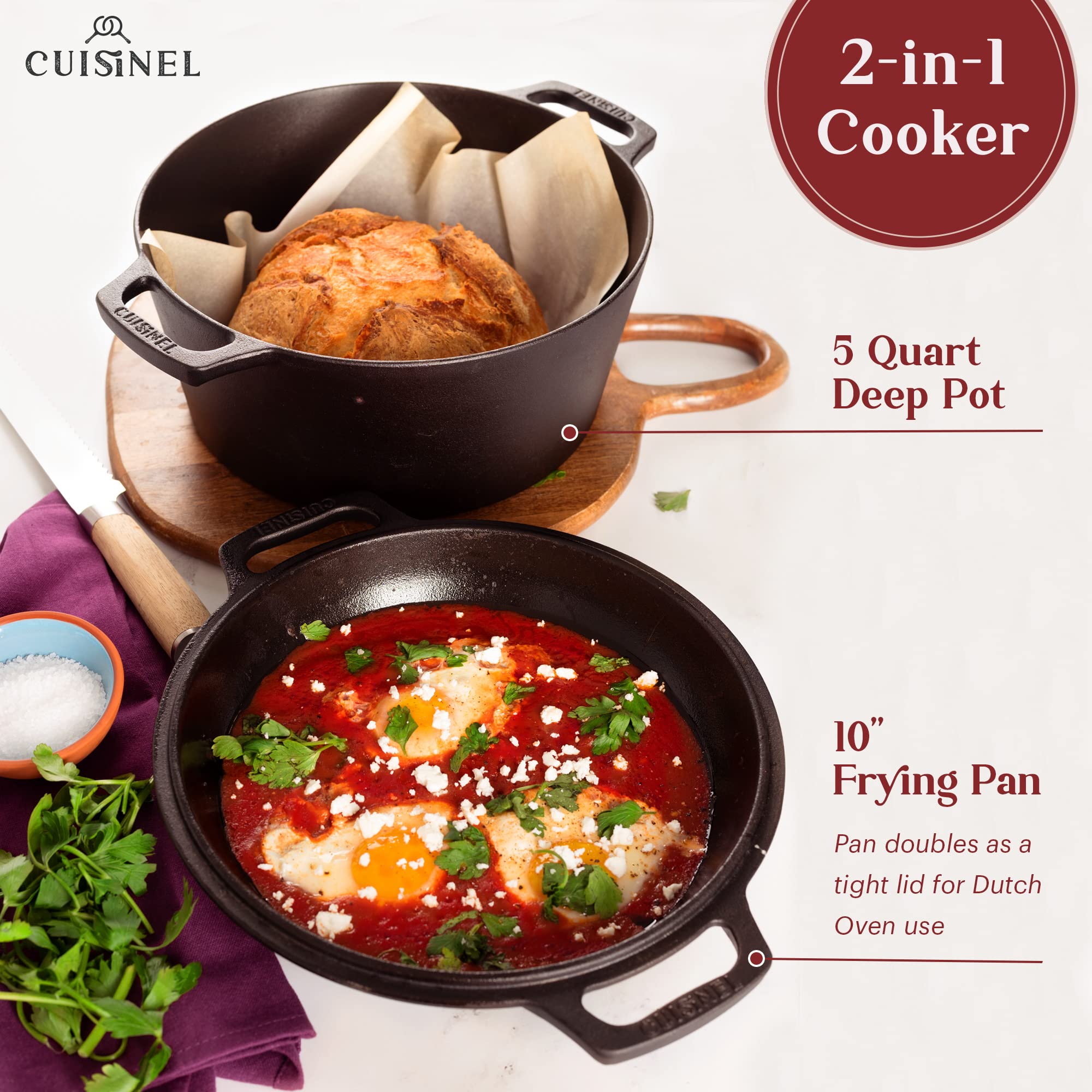 Cuisinel Cast Iron Dutch Oven - 5-Quart Deep Pot - Preseasoned 2-In-1 Multi-Cooker - Combo Lid Doubles As 10-Inch Skillet Fryi